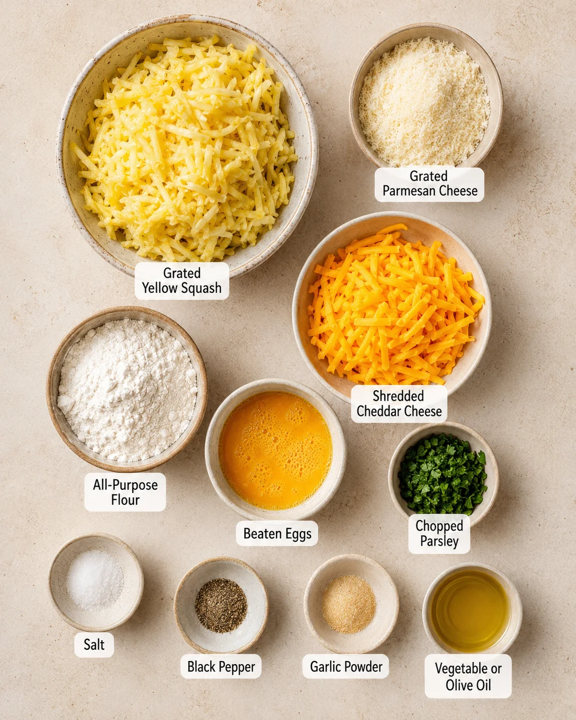 Ingredients for cheesy parmesan yellow squash fritters, including shredded squash, cheeses, and spices.