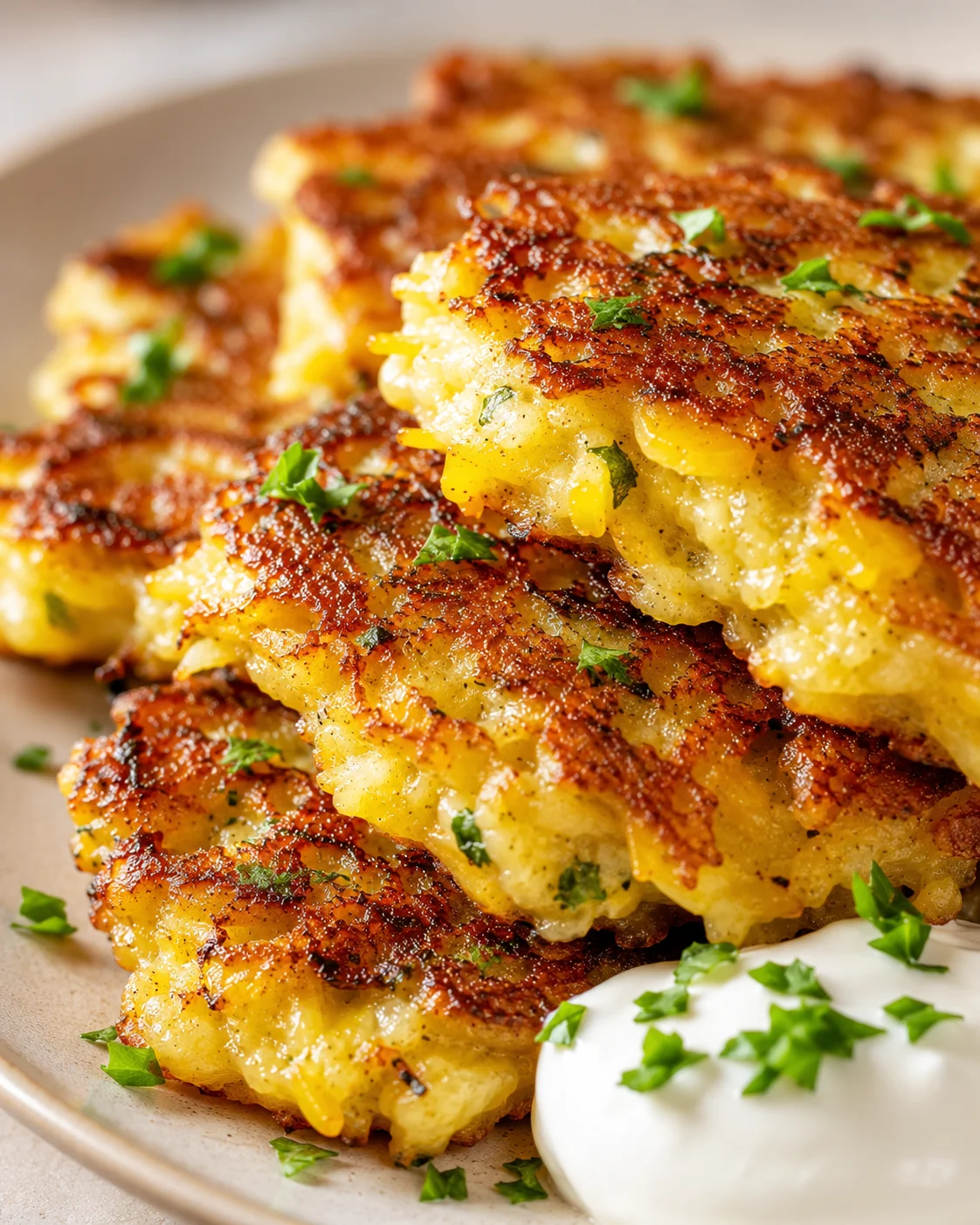 Crispy, golden parmesan yellow squash fritters garnished with parsley and served with sour cream.