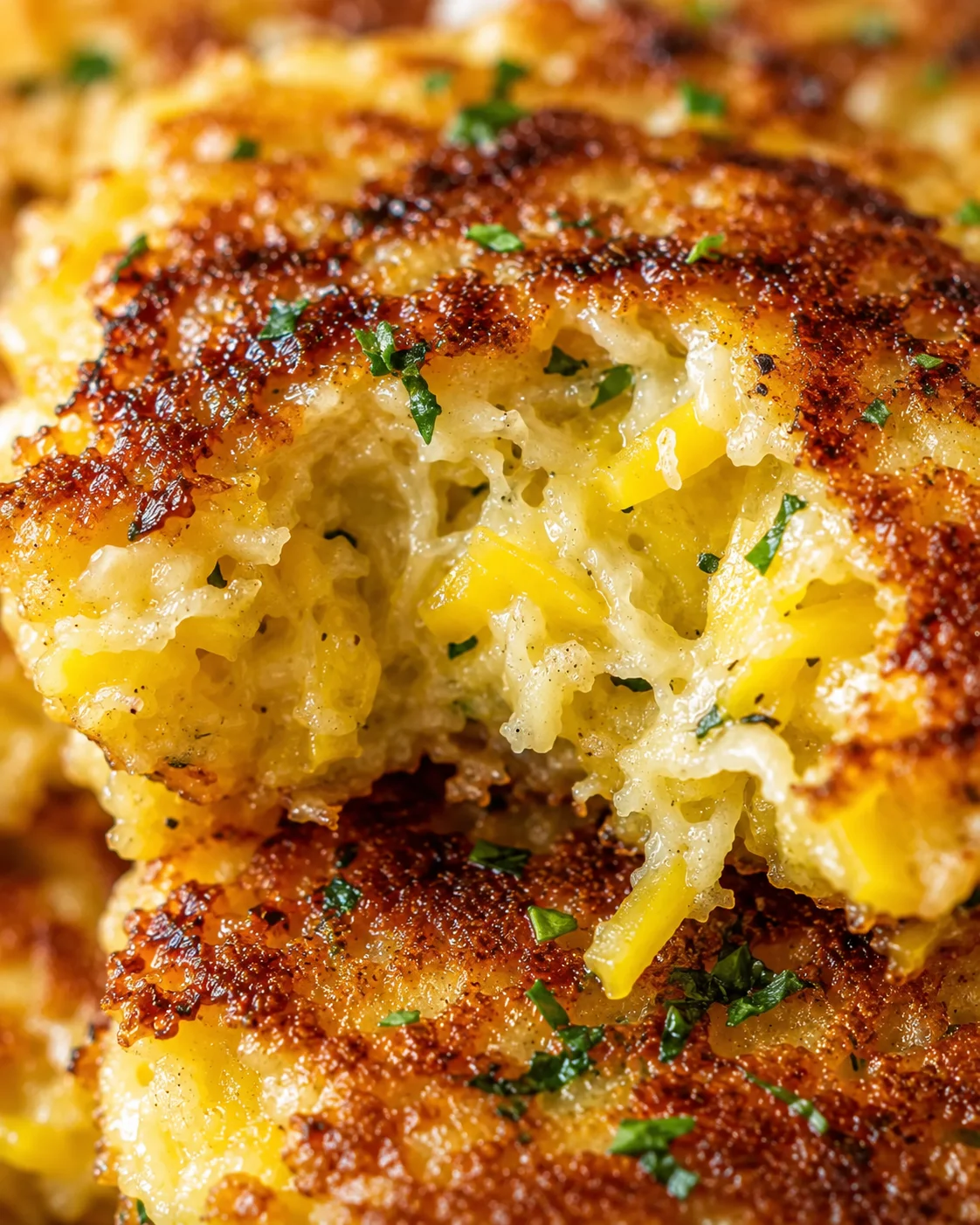 Close-up of crispy, golden yellow squash fritters garnished with herbs.