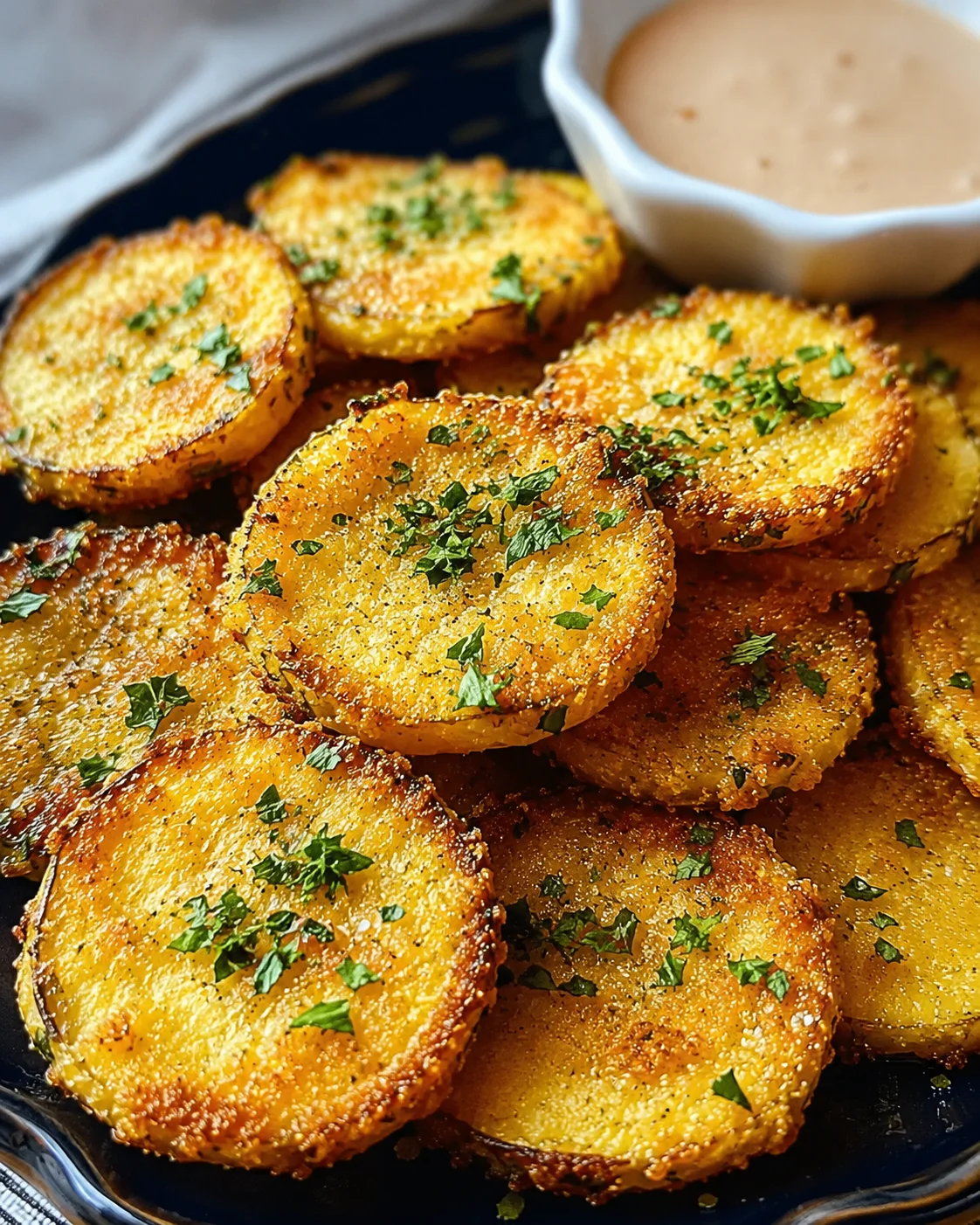 Crispy Air Fried Yellow Squash Crispy air-fried yellow squash slices garnished with herbs on a black plate.