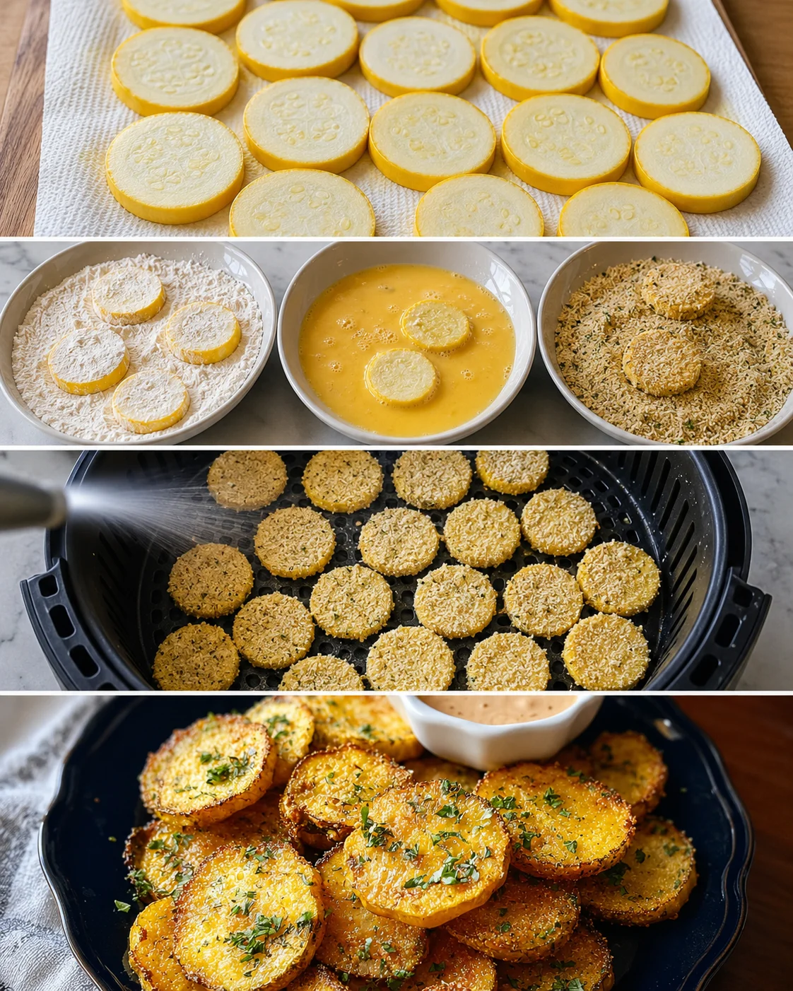 Crispy Air Fried Yellow Squash Stack of golden crispy air-fried yellow squash slices with seasoning.