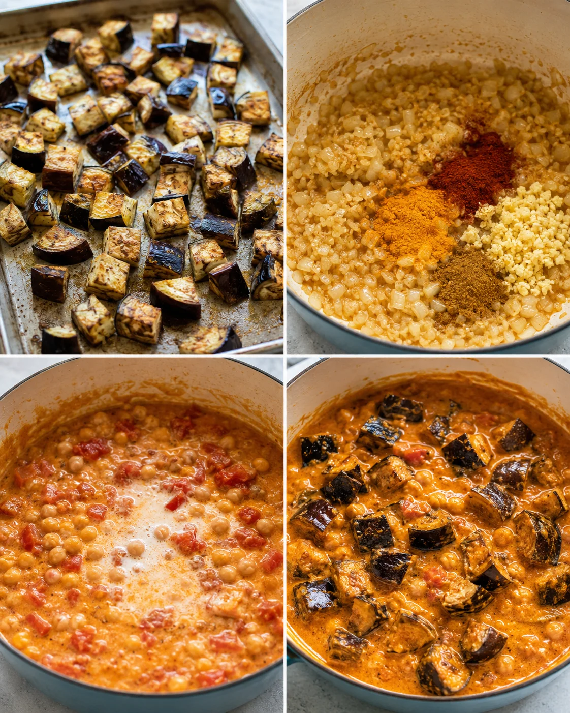 Delicious Eggplant Curry with Rich Flavors Stages of making soft roasted eggplant in a flavorful curry sauce for dinner