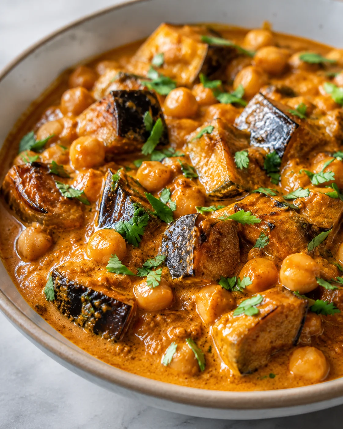 Eggplant Curry with Chickpeas Close-up of a flavorful eggplant curry garnished with fresh herbs in a bowl.