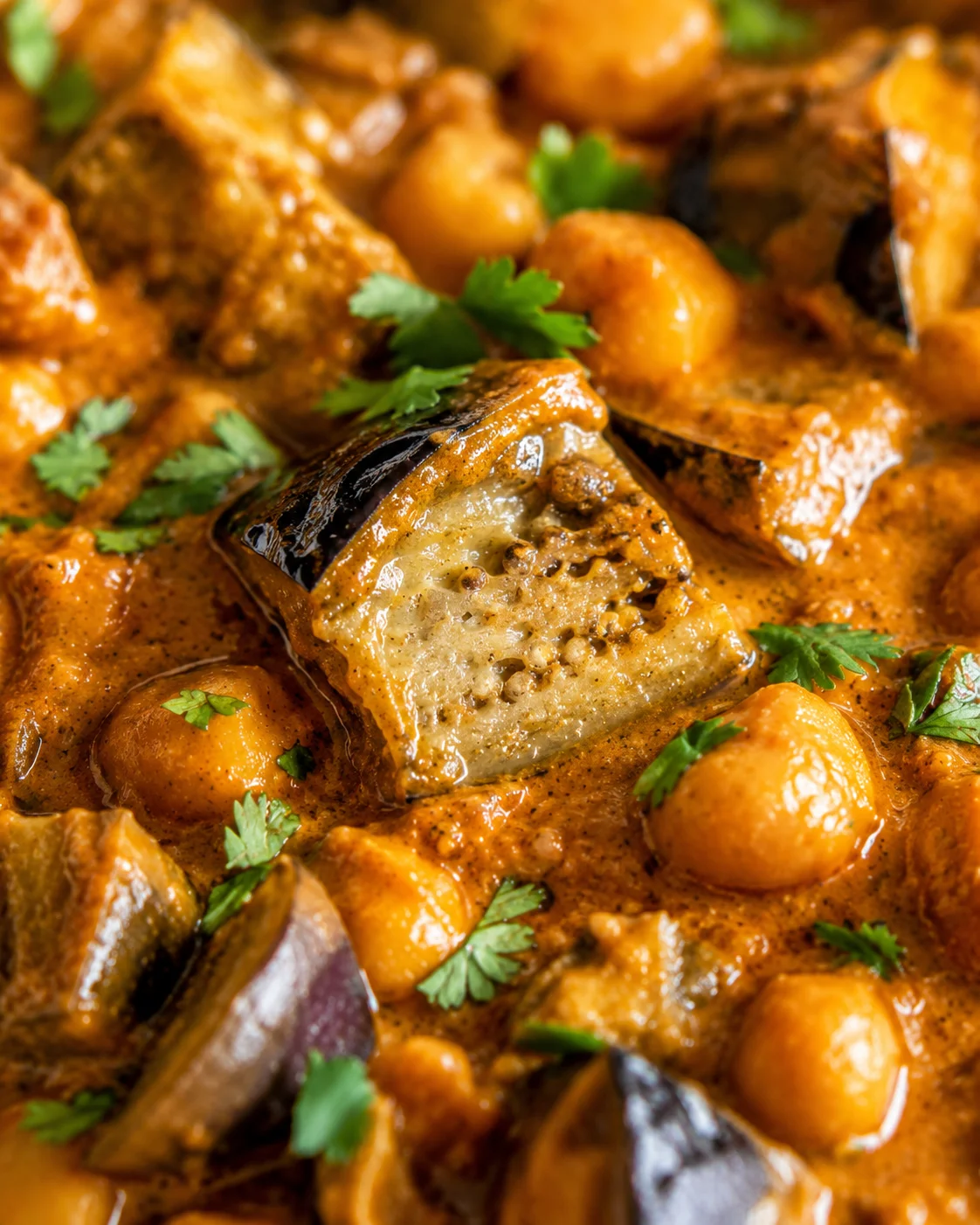 Delicious Eggplant Curry Close-up of creamy, orange eggplant curry with fresh cilantro garnish