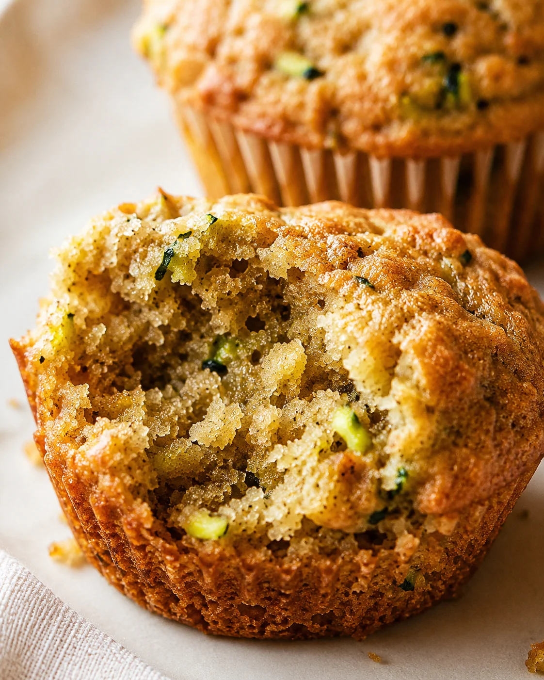 Close-up of moist, fluffy banana zucchini muffin with visible zucchini pieces