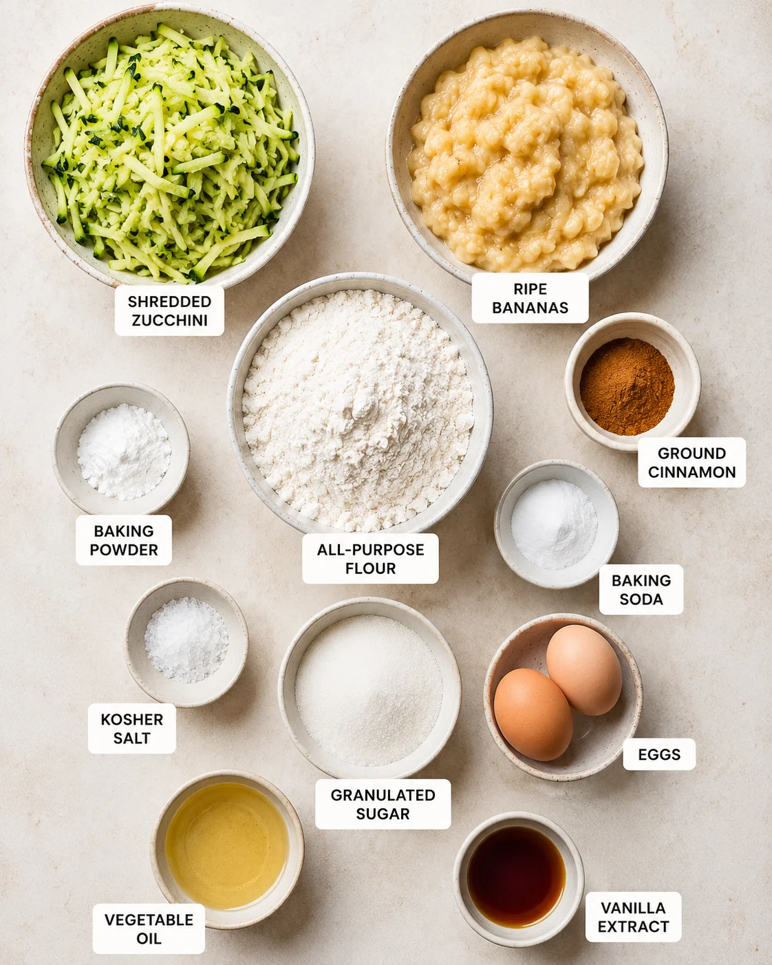 Assorted bowls of ingredients including shredded zucchini, ripe bananas, and flour.