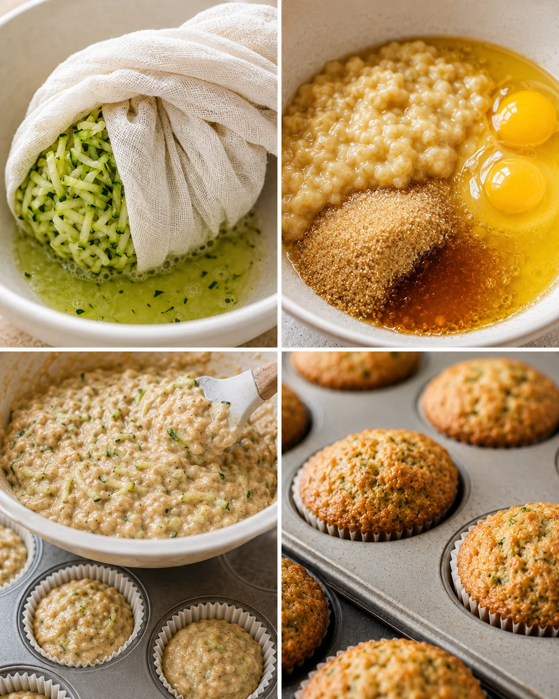 Freshly baked banana zucchini muffins with shredded zucchini and ripe bananas.
