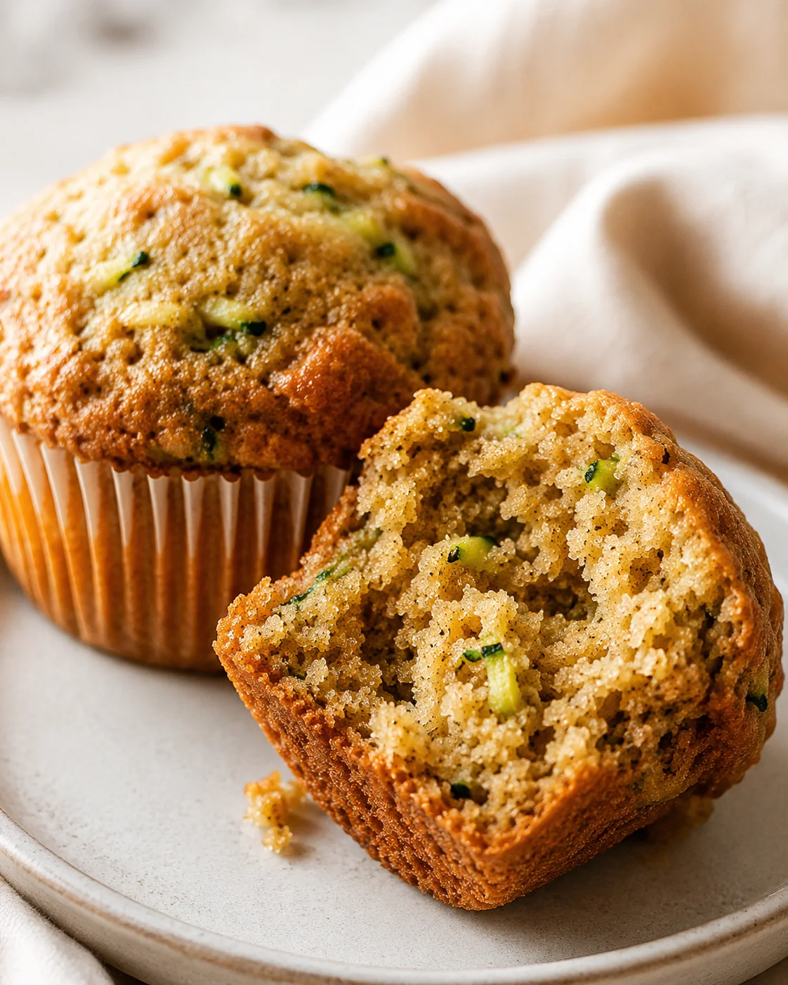 Close-up of golden, moist banana zucchini muffins, one partially torn open displaying texture