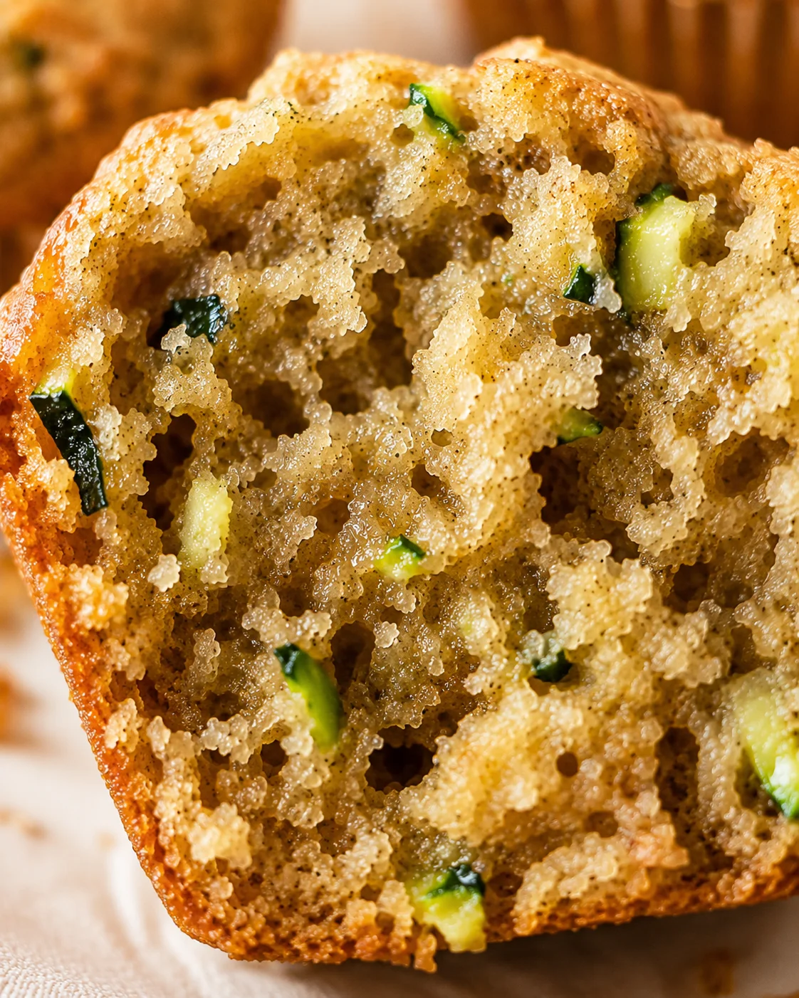 A moist, fluffy banana zucchini muffin with visible zucchini pieces and a golden-brown crust