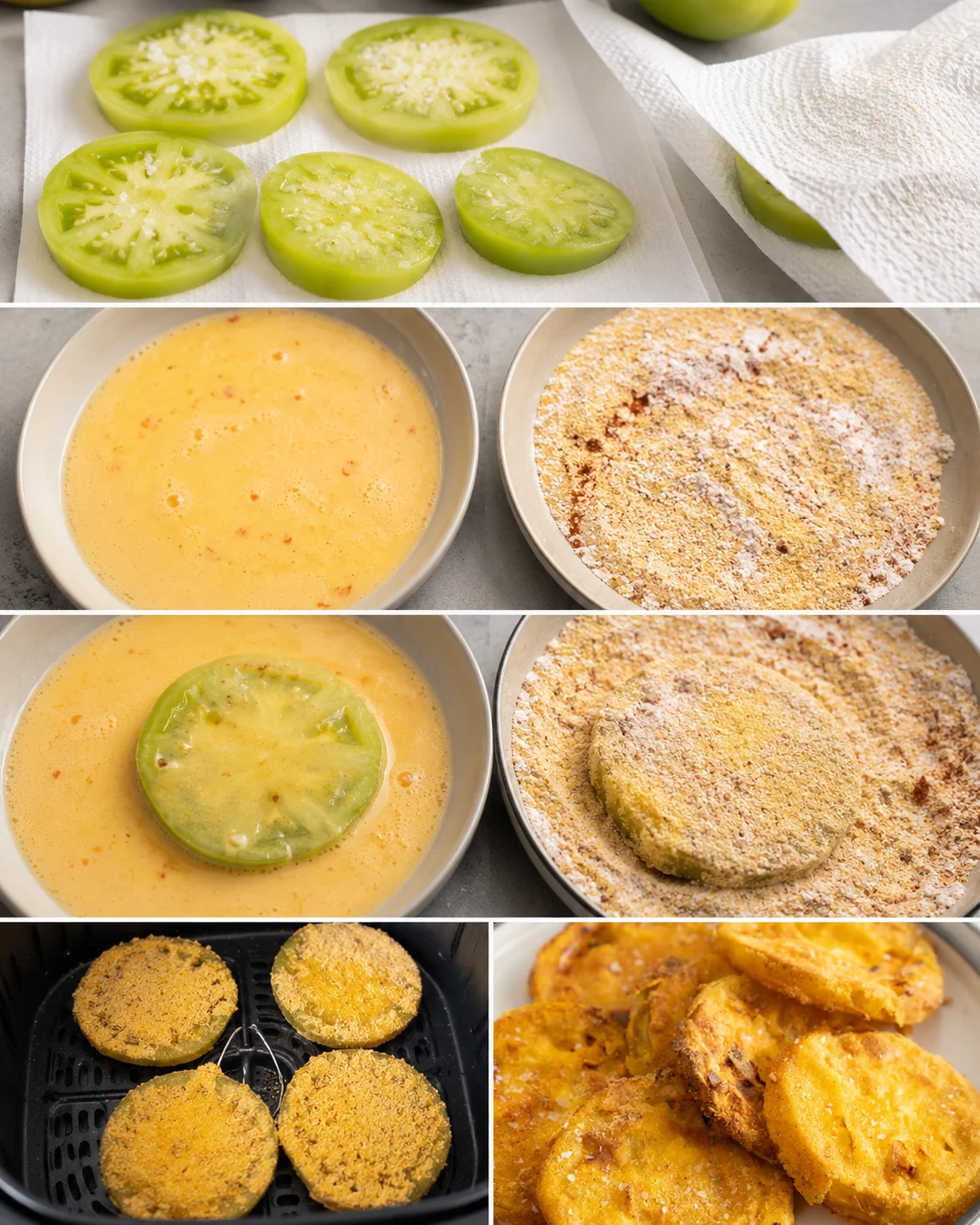 Steps to prepare crispy air fryer fried green tomatoes with breading and seasoning.