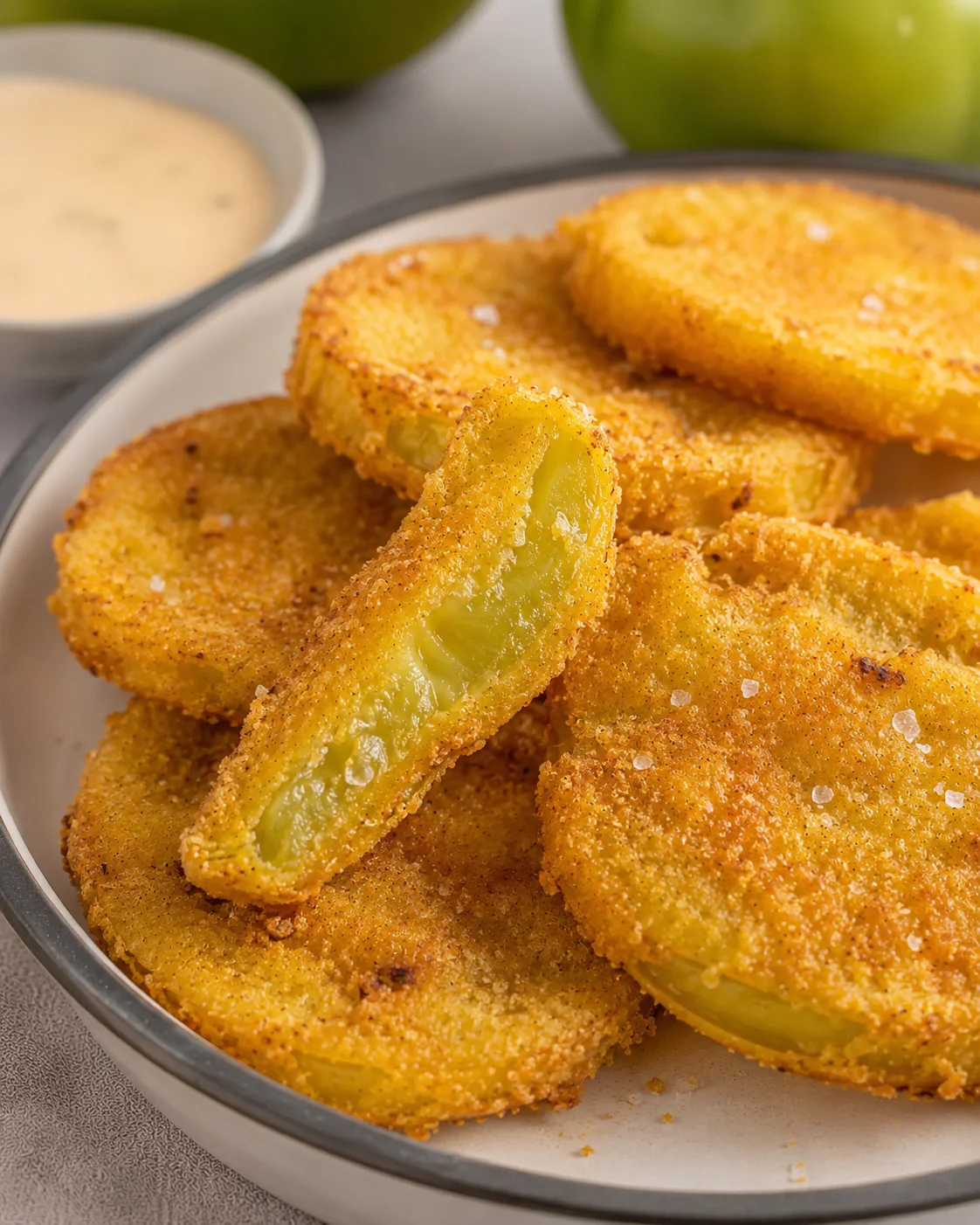 Crispy golden fried green tomatoes served on a white plate with a side of dipping sauce