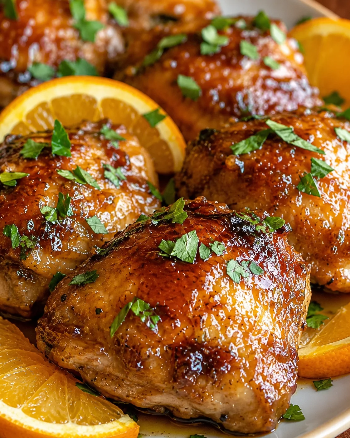 Orange Marmalade Chicken Close-up of glazed orange marmalade chicken garnished with herbs and orange slices.