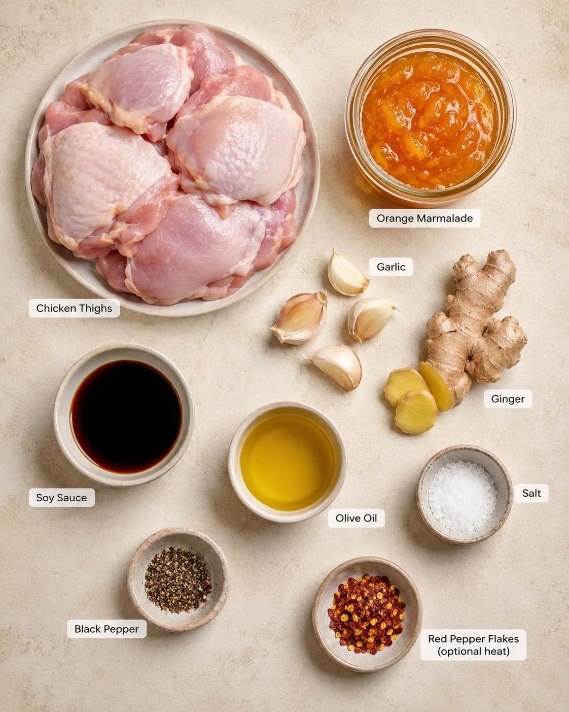 Orange Marmalade Chicken Ingredients Chicken thighs, orange marmalade, garlic, ginger, soy sauce, and other seasonings displayed on a beige surface.