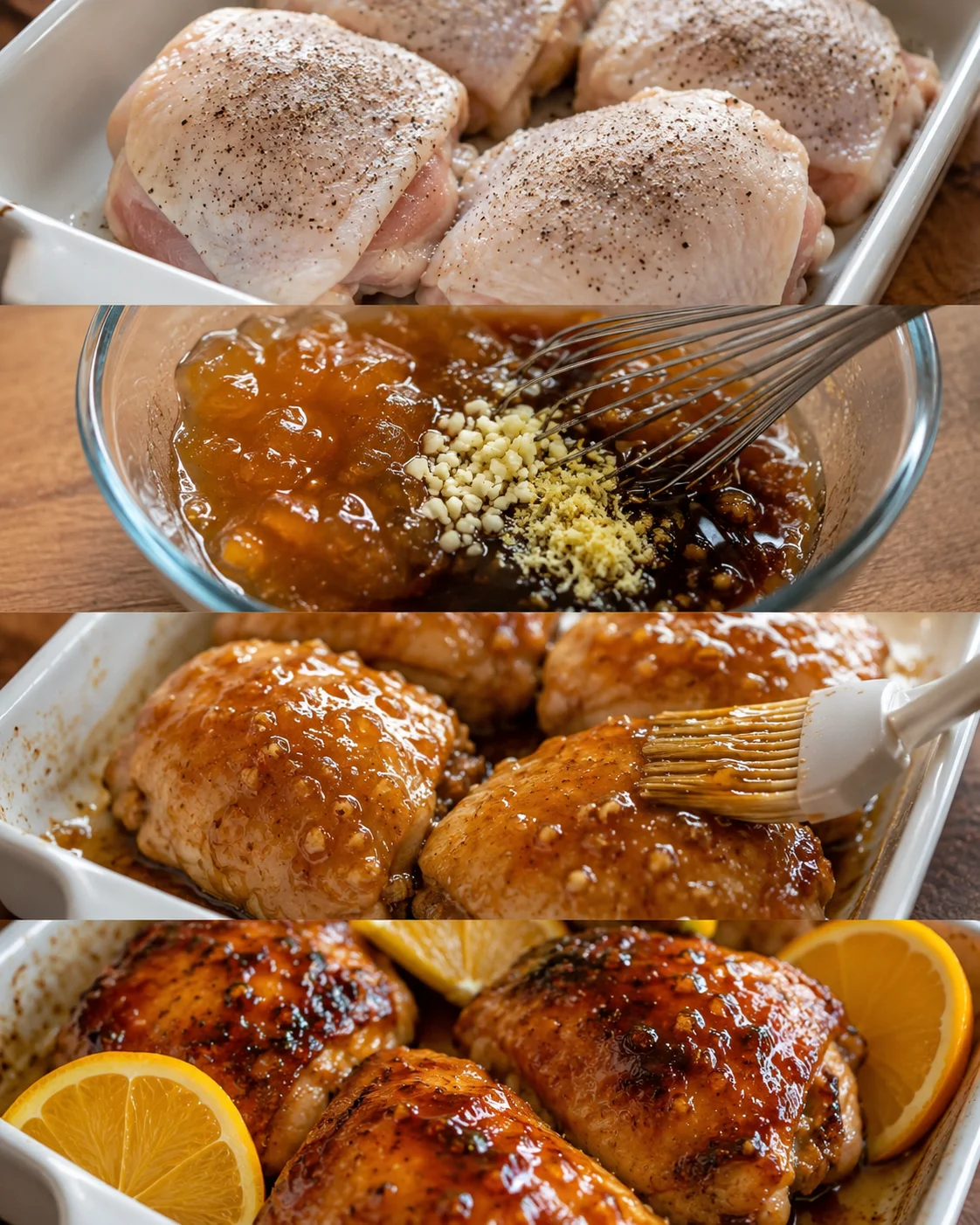Orange Marmalade Chicken Succulent chicken thighs glazed with shiny orange marmalade sauce for a savory finish.