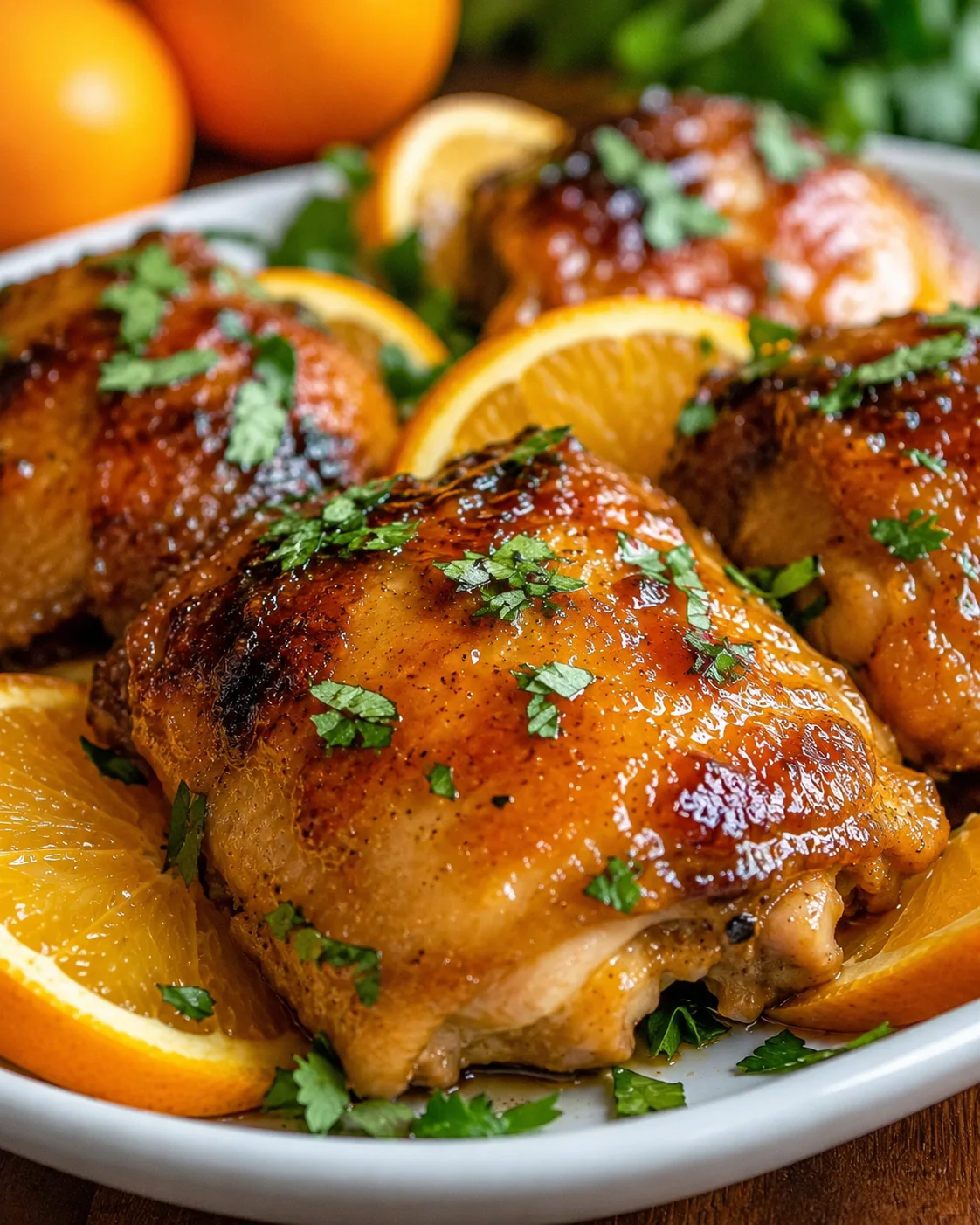 Orange Marmalade Chicken Juicy baked chicken thighs glazed with orange marmalade sauce and garnished with herbs.