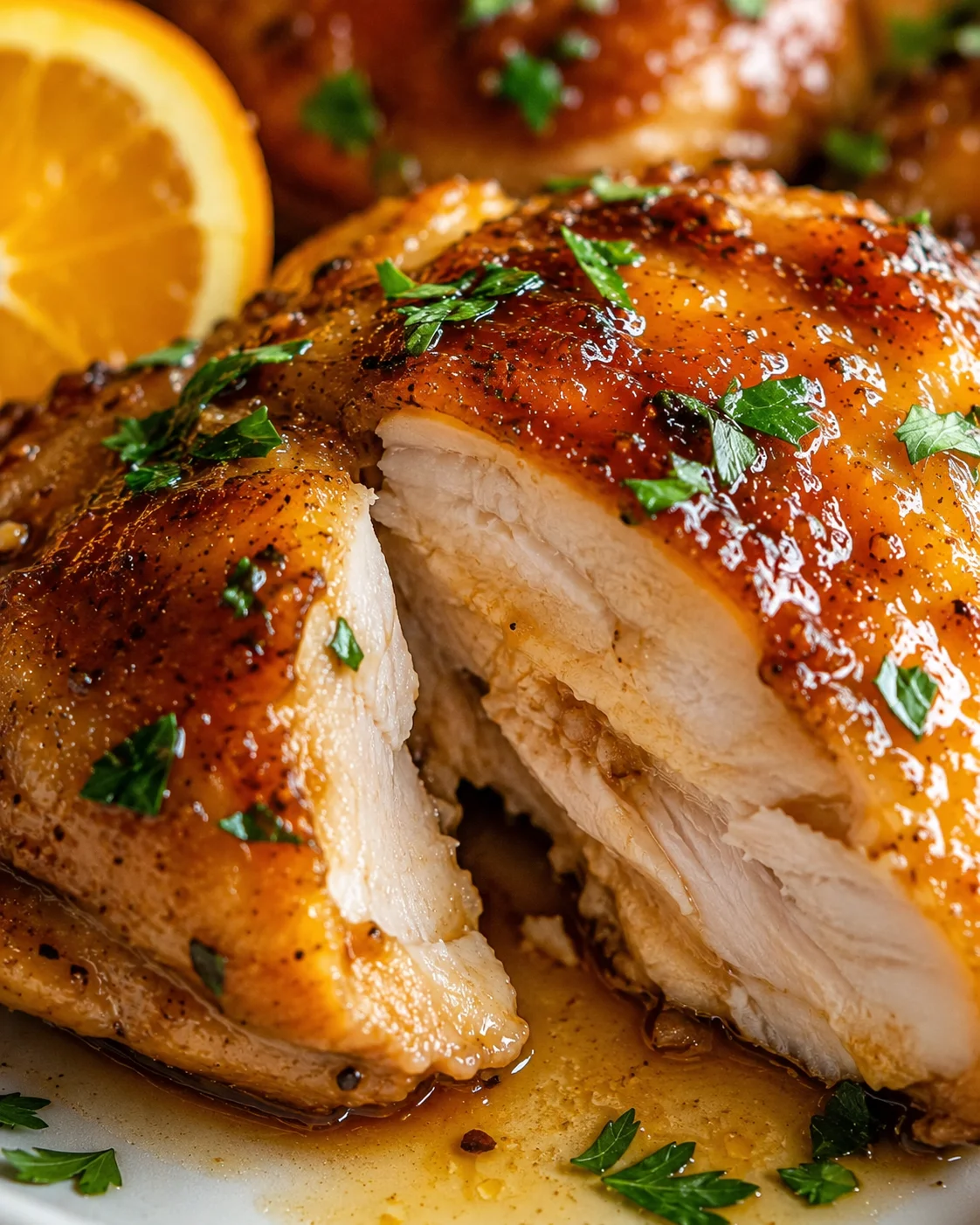 Orange Marmalade Chicken Close-up of glazed orange marmalade chicken garnished with herbs and lemon wedge