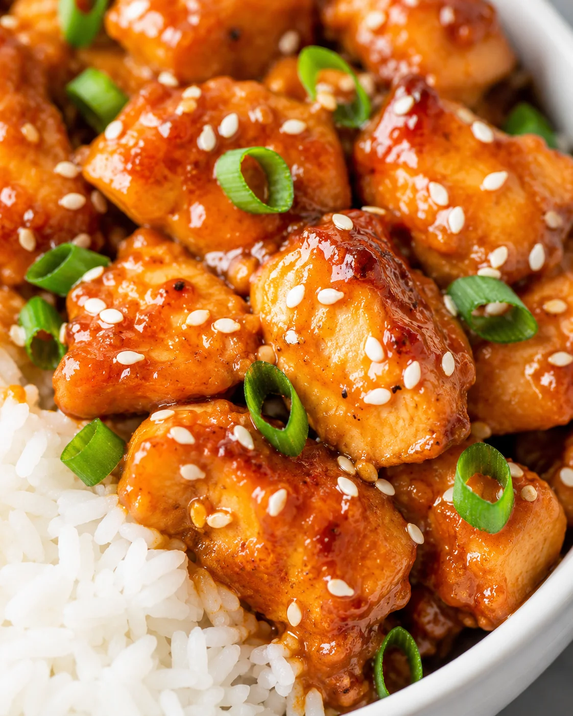 Healthy Orange Chicken Recipe Delicious homemade orange chicken with green onions and sesame seeds on rice