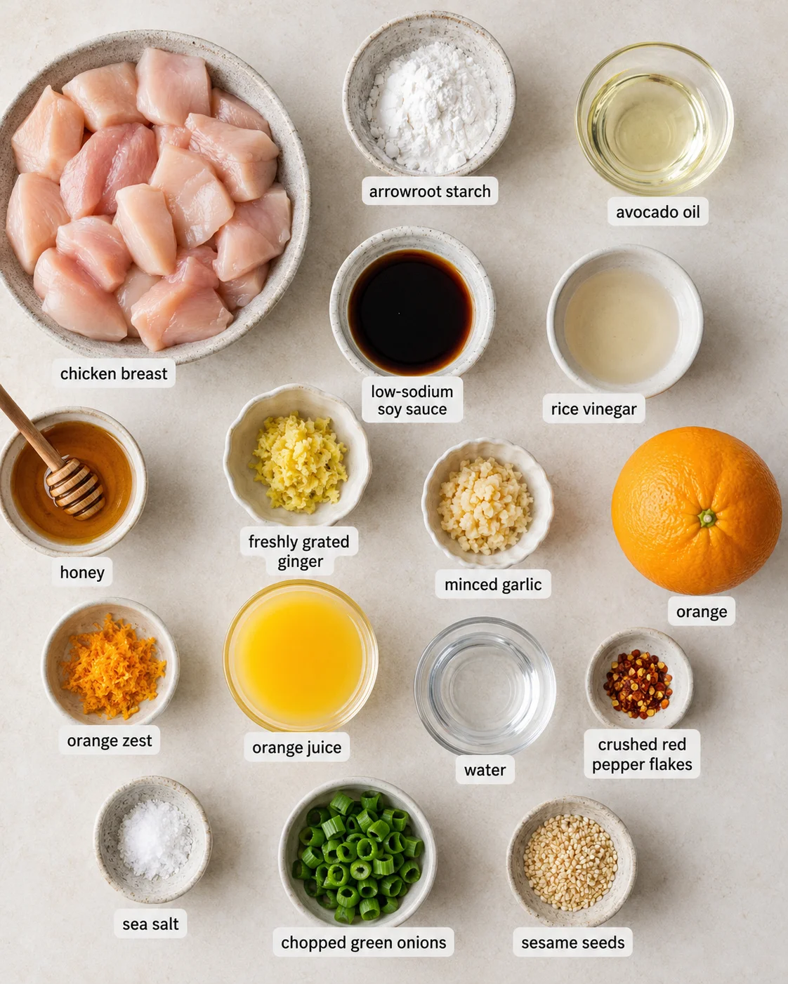 Healthy Orange Chicken Ingredients Arrangement of fresh chicken, orange, and sauce ingredients for healthy orange chicken.