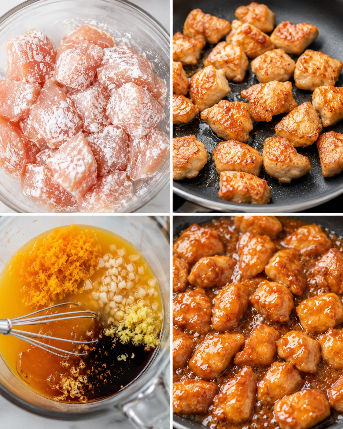 Healthy Orange Chicken Recipe Crispy chicken chunks stir-fried with orange zest and sauce in a skillet.