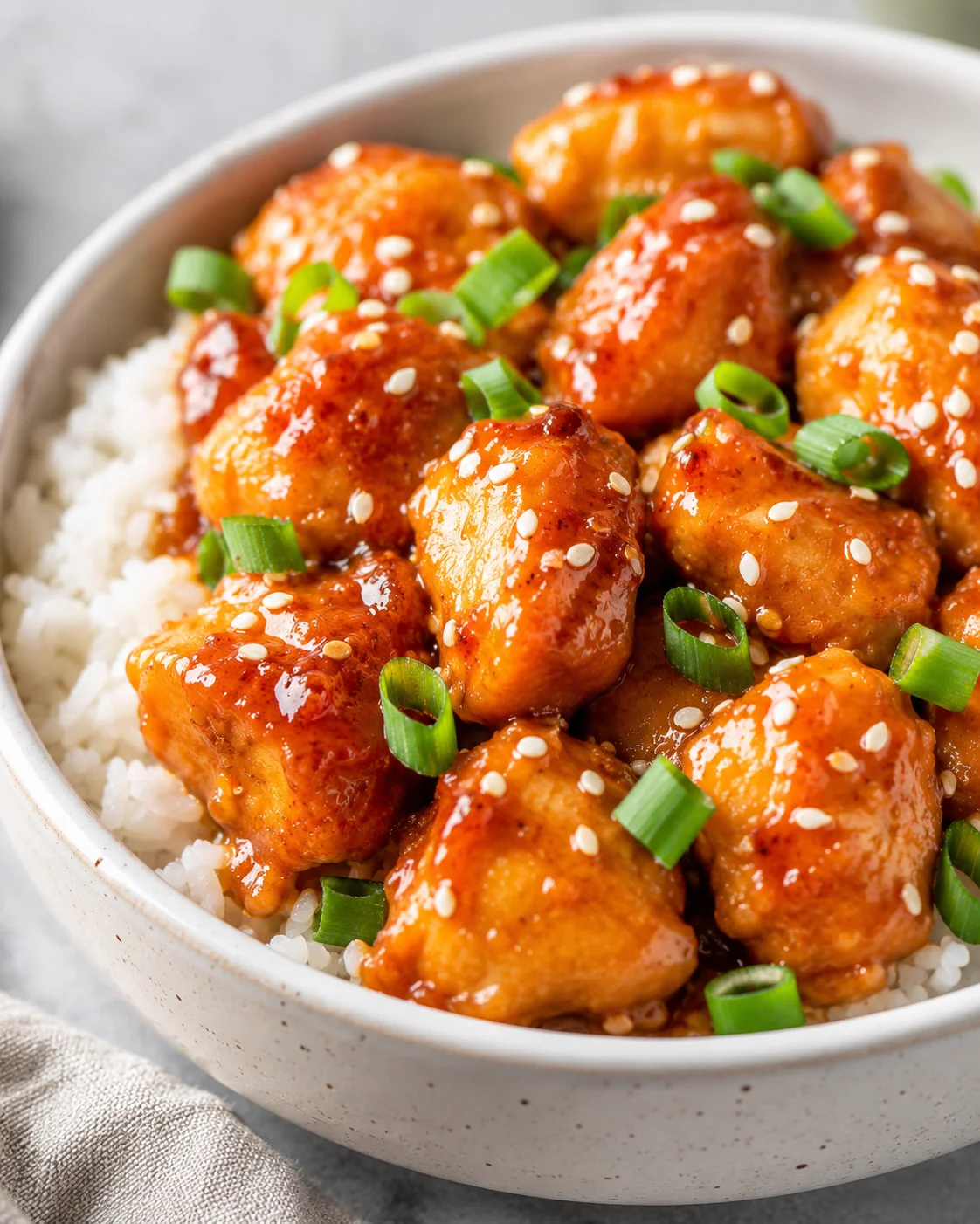 Healthy Orange Chicken Recipe Close-up of crispy orange chicken with green onions and sesame seeds on rice