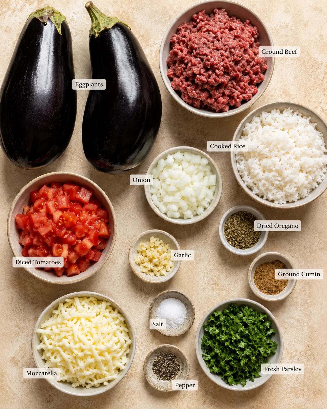 Stuffed Eggplant with Ground Beef Prepared ingredients for stuffed eggplant with ground beef and vegetables