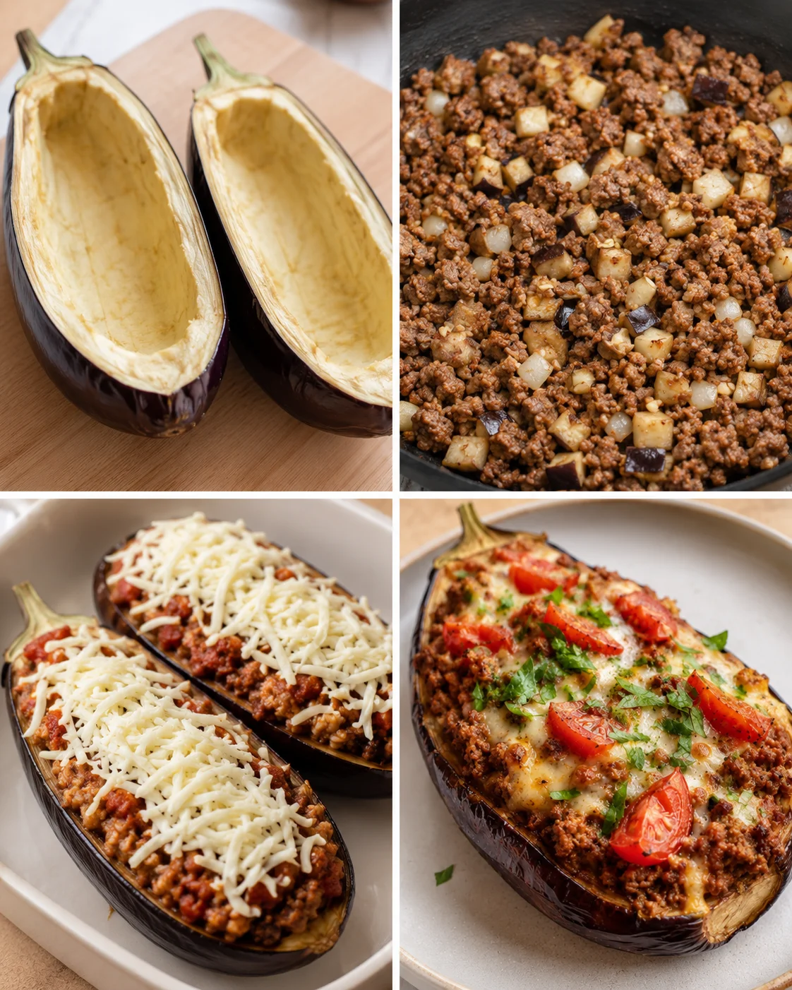 Stuffed Eggplant with Ground Beef Delicious stuffed eggplant halves filled with seasoned ground beef and cheese.