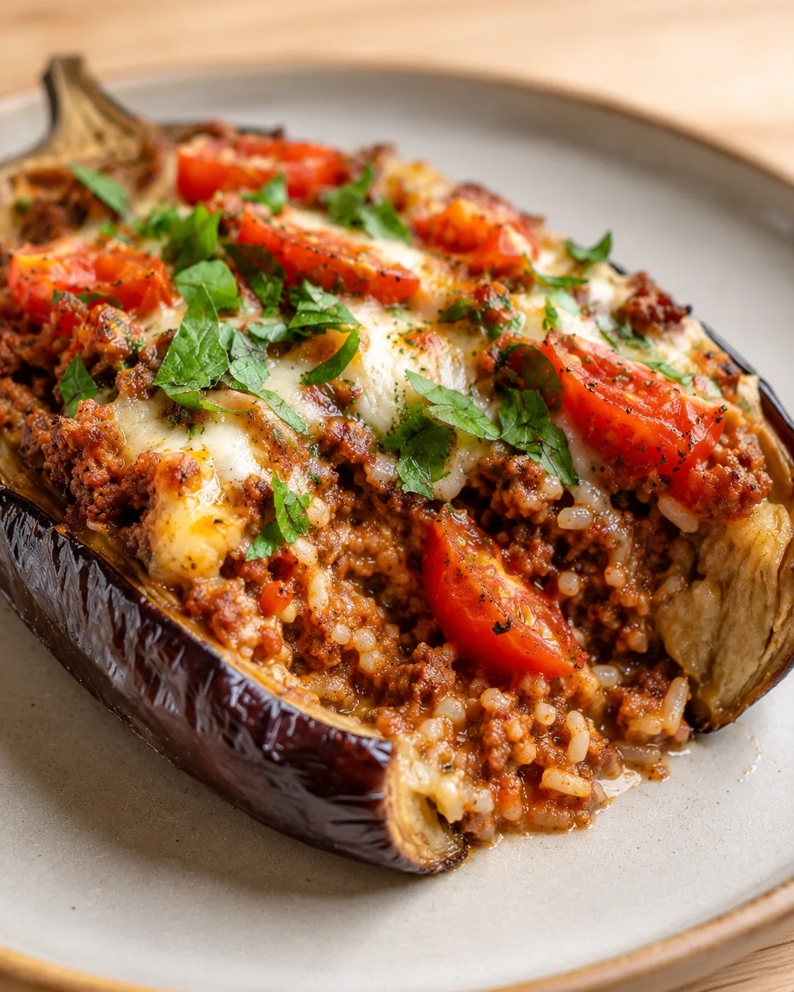 Stuffed Eggplant with Ground Beef Delicious baked stuffed eggplant topped with melted cheese and fresh herbs.