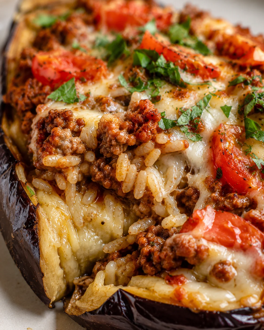 Stuffed Eggplant with Ground Beef Delicious baked stuffed eggplant topped with melted cheese and fresh herbs.