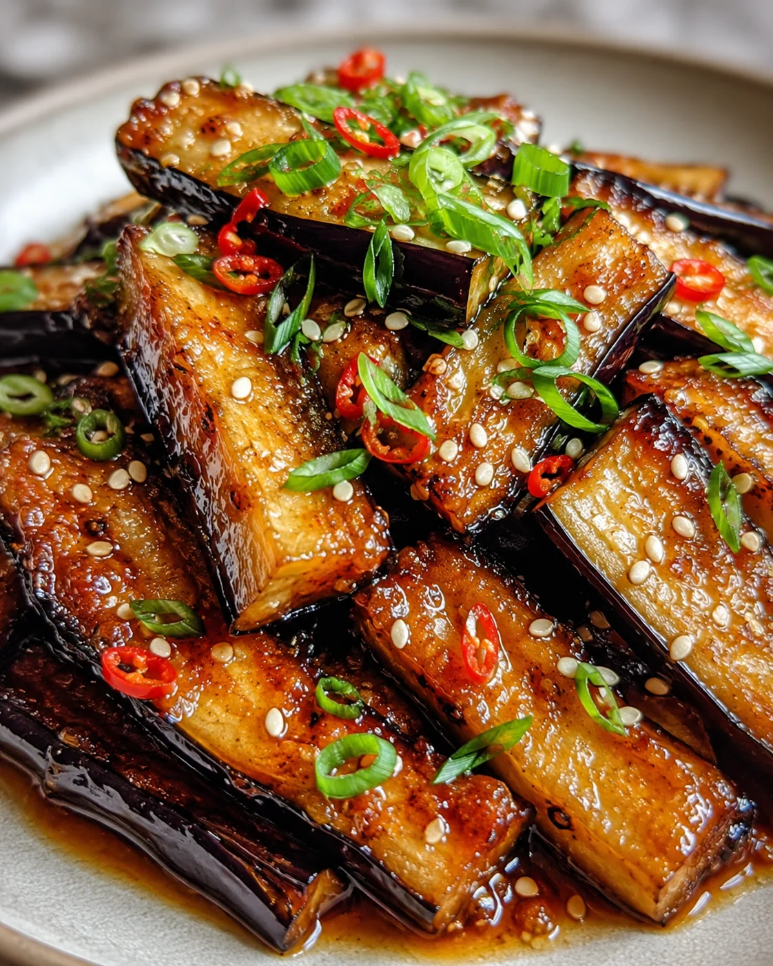 Crispy Eggplant in Garlic Soy Glaze Delicious crispy eggplant topped with chili, scallions, and sesame seeds on a plate.