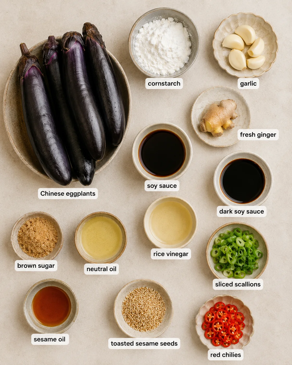 Crispy Eggplant with Garlic Soy Glaze Fresh Chinese eggplants, garlic, and ingredients for crispy eggplant dish.