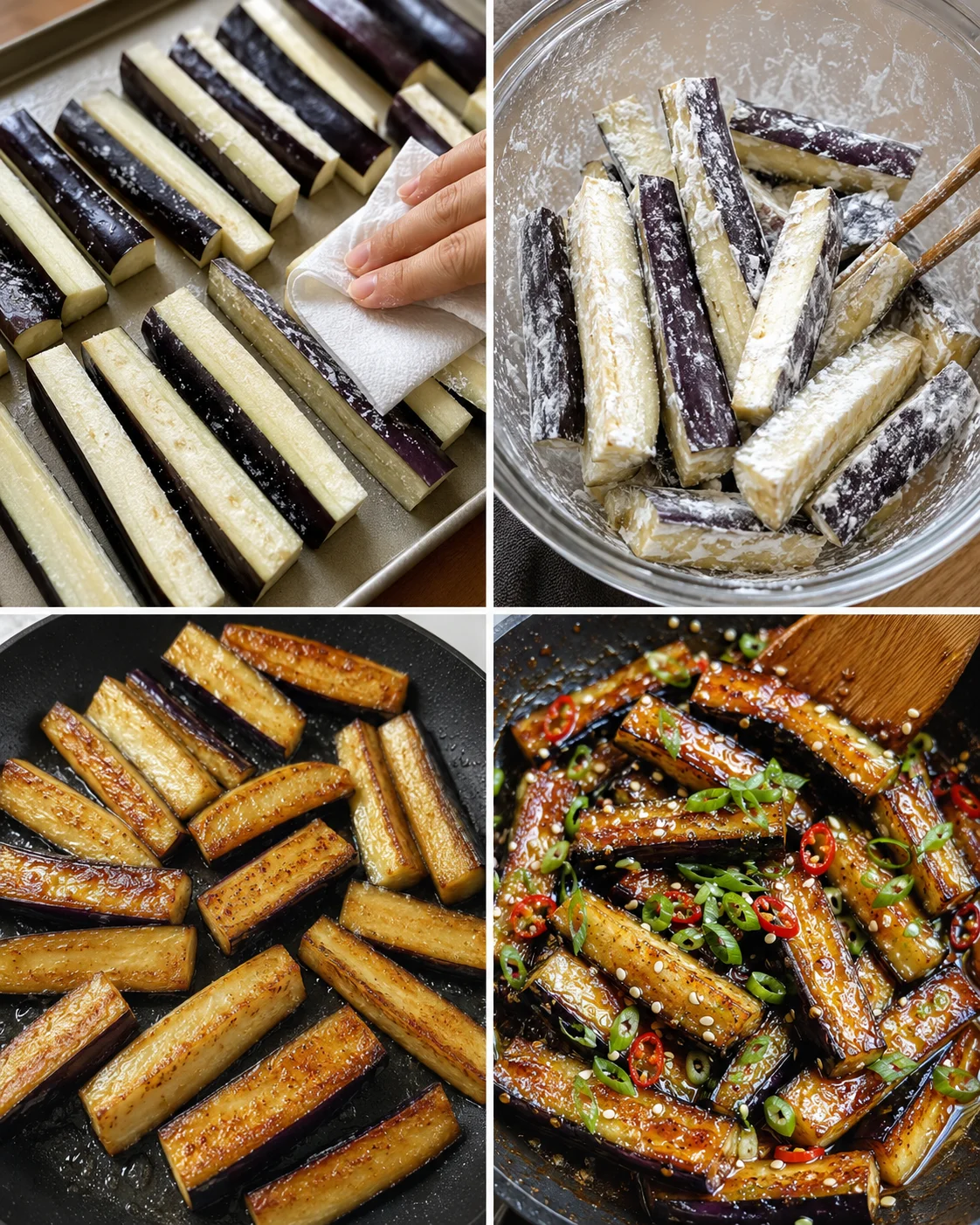 Crispy Eggplant with Garlic Soy Glaze Crispy eggplant sticks coated in a savory garlic soy glaze, garnished with green onions and red chili slices.