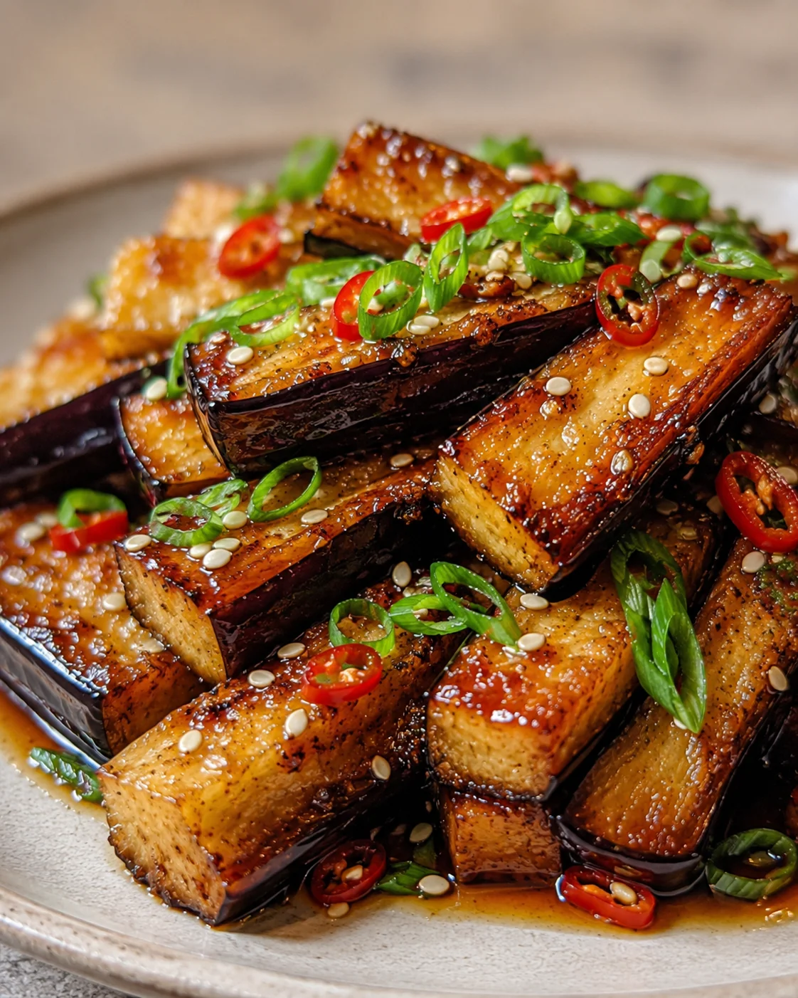 Crispy Eggplant with Garlic Soy Glaze Golden crispy eggplant topped with sliced green onions and red chili peppers