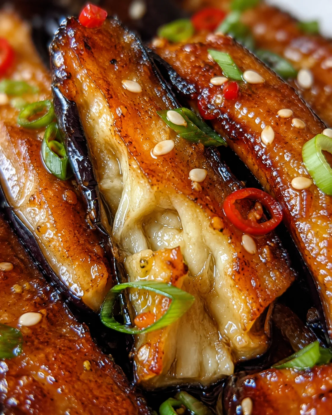 Crispy Eggplant with Garlic Soy Glaze Close-up of crispy eggplant topped with green onions and sesame seeds.