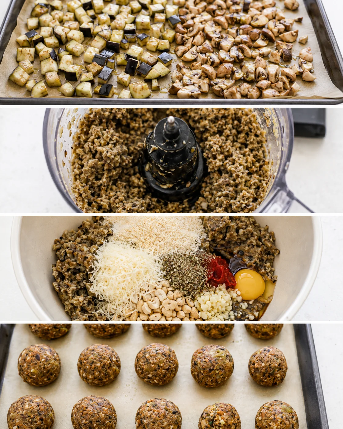 Eggplant Meatballs with Mushrooms and Garlic Delicious vegetarian eggplant meatballs with mushrooms and Italian herbs, ready for baking.