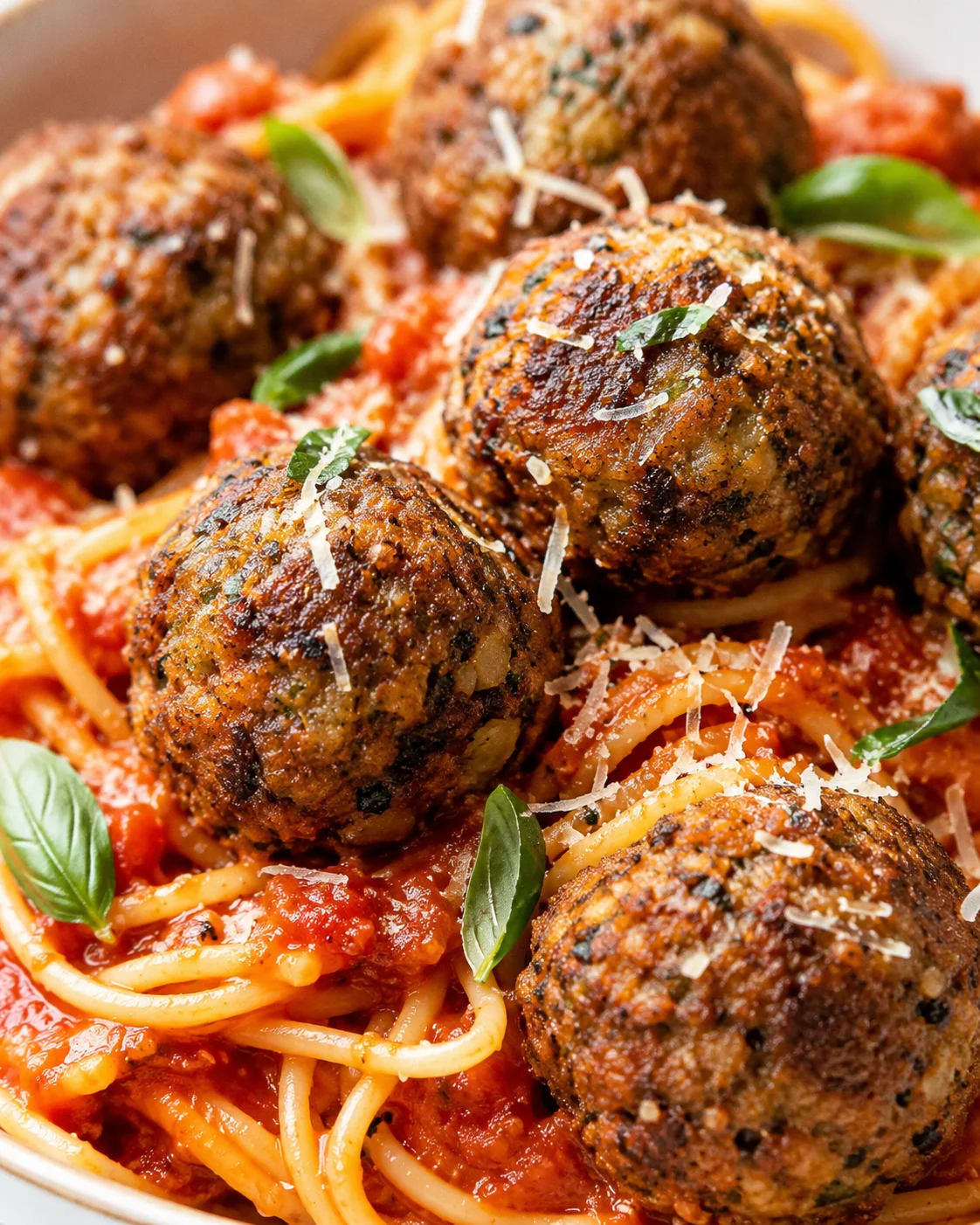 Eggplant Meatballs with Mushrooms and Garlic Close-up of baked eggplant meatballs garnished with basil and cheese on spaghetti.