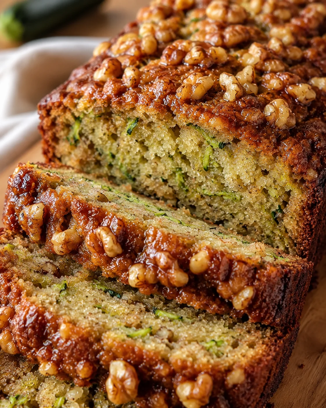 Close-up of moist zucchini bread topped with walnuts and green zucchini bits inside.