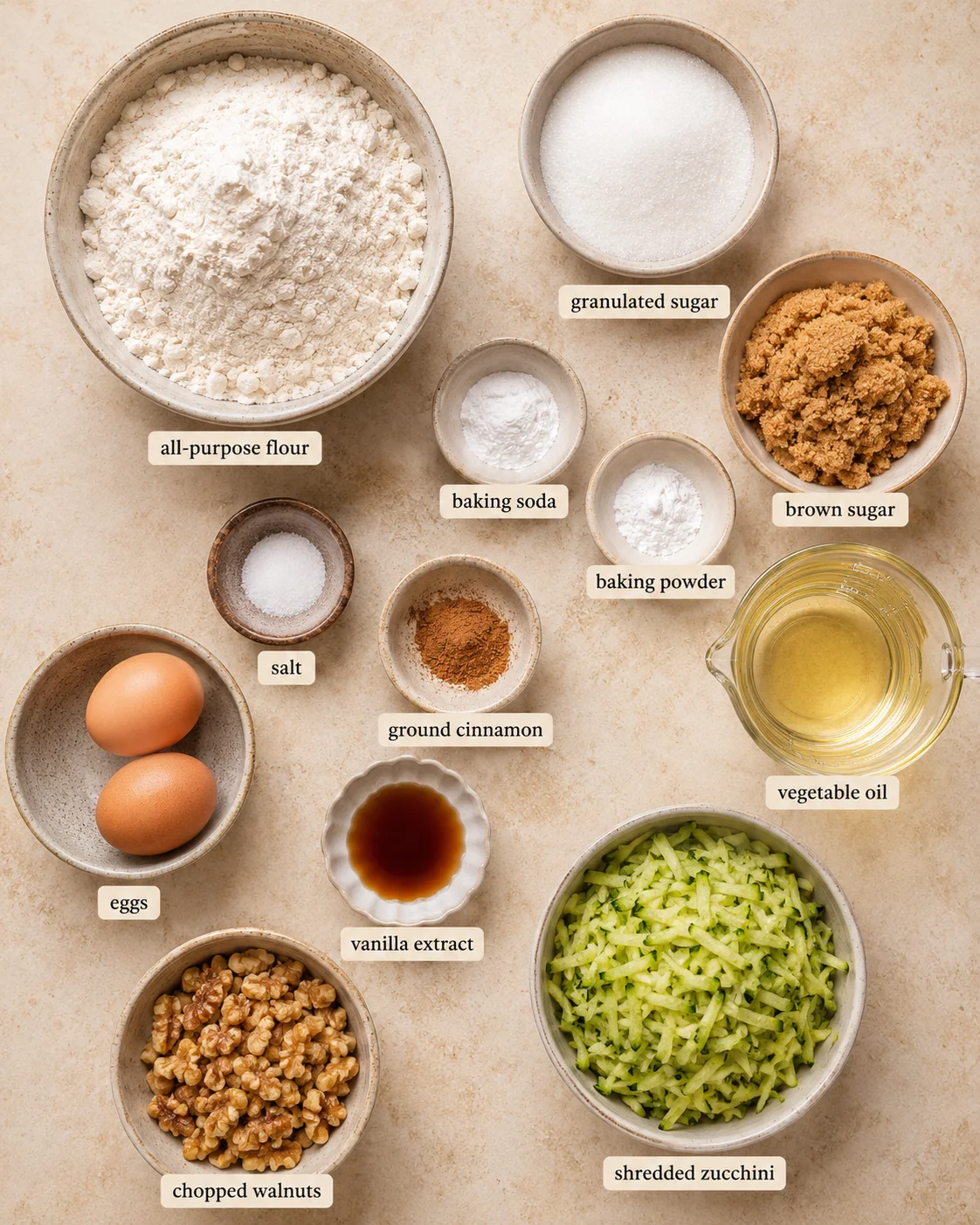 A collection of baking ingredients for zucchini bread including flour, sugar, walnuts, and zucchini