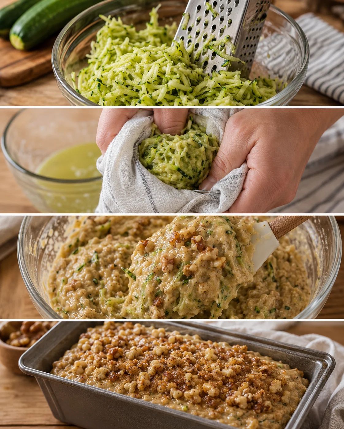 Slices of moist zucchini bread with walnuts on a baking tray.