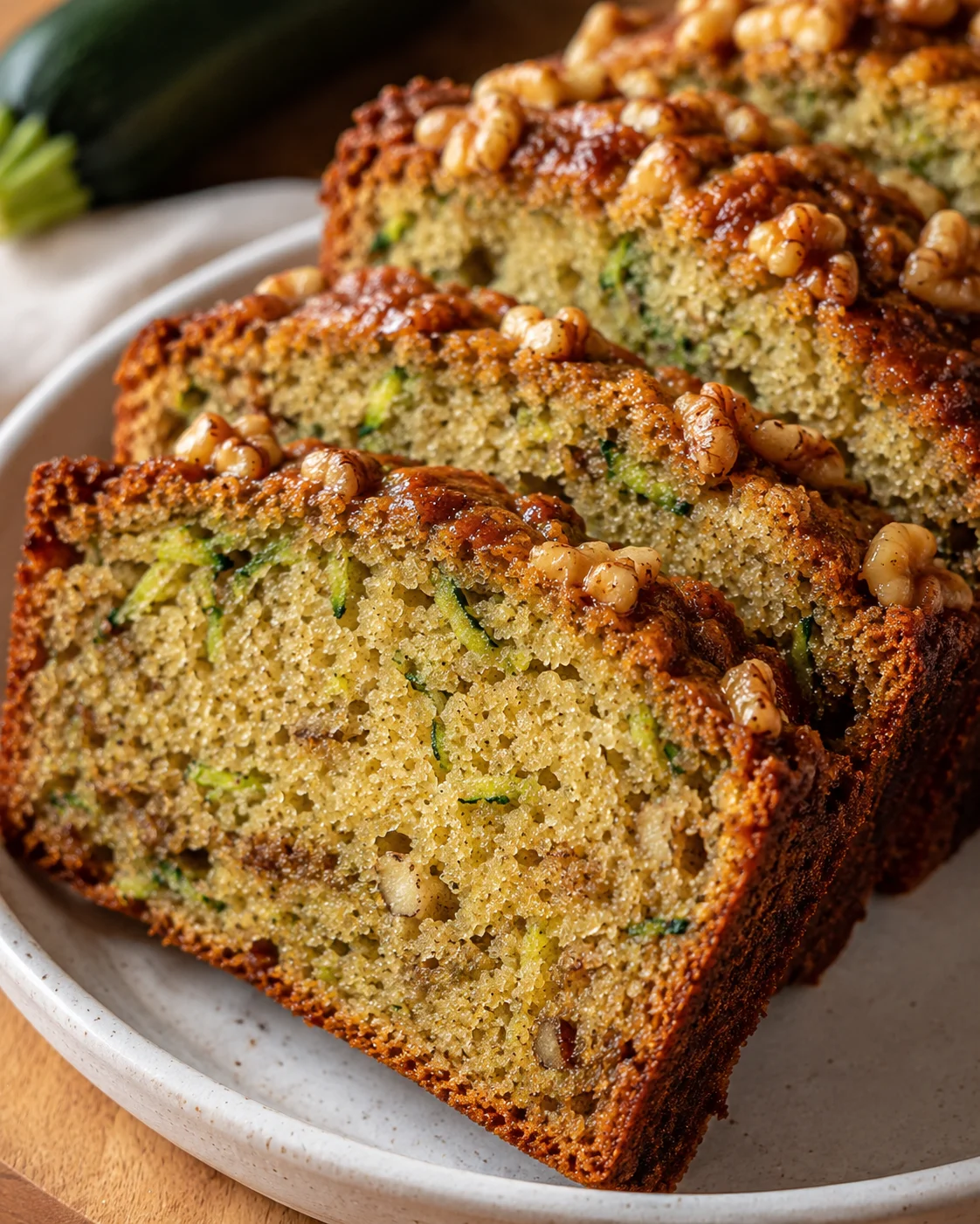 Close-up of moist zucchini bread with walnuts and green zucchini bits.