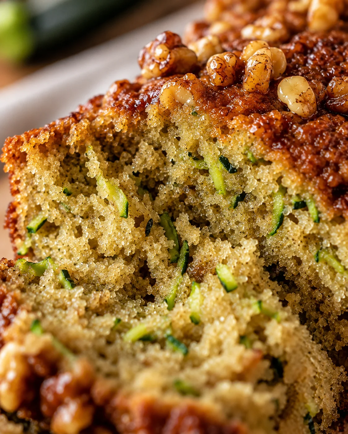 Close-up of freshly baked zucchini bread with walnuts and a tender crumb inside