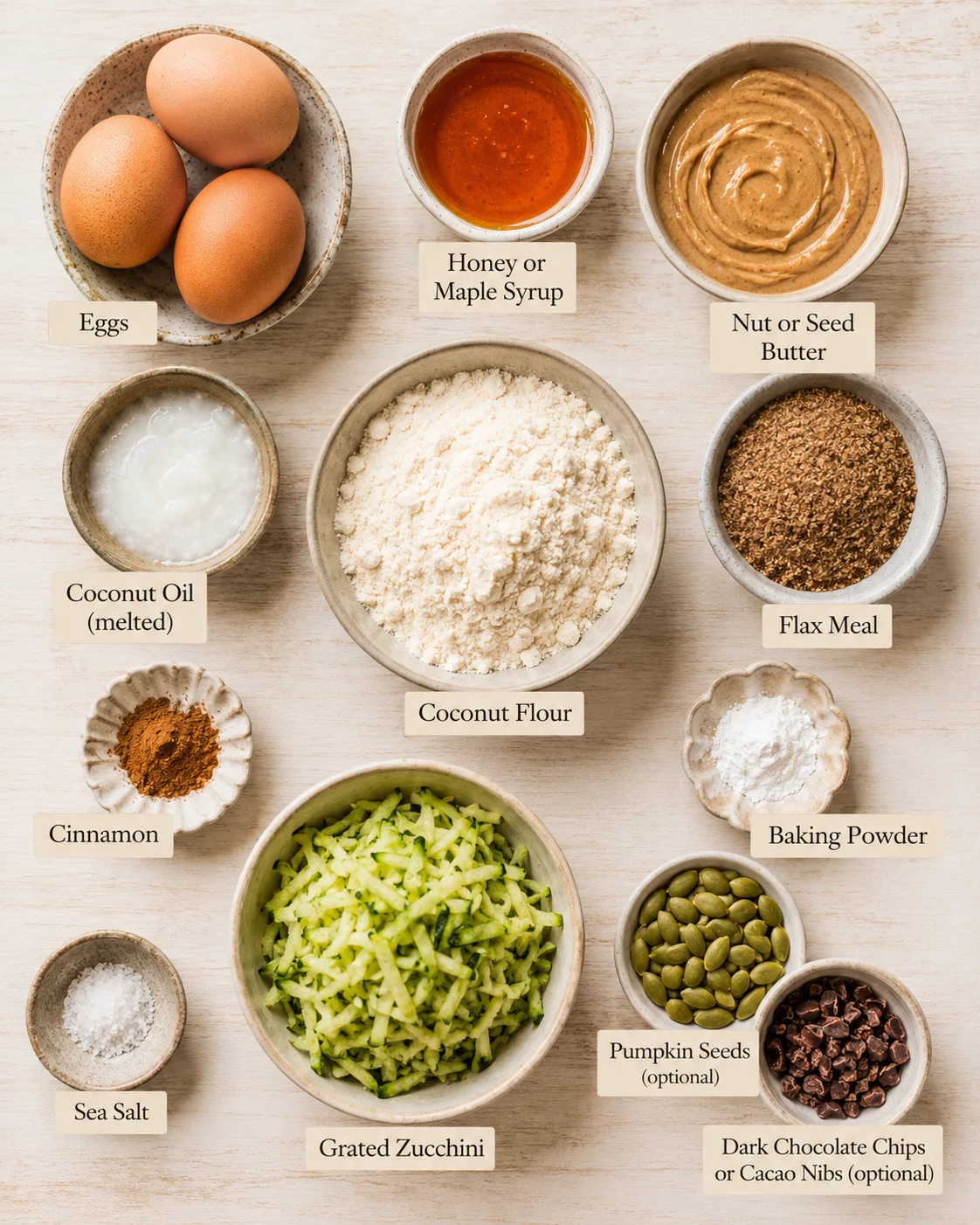 Coconut Flour Zucchini Bread Ingredients for gluten-free zucchini bread including eggs, coconut oil, and grated zucchini.