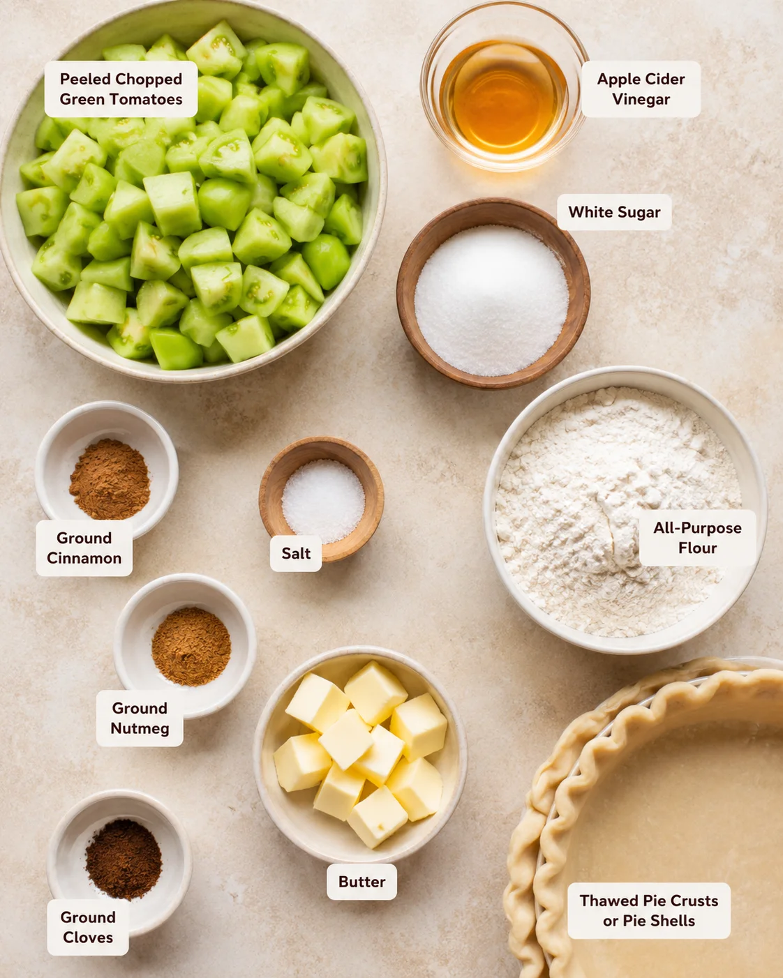 Bowls of chopped green tomatoes, sugar, spices, and pie crust arranged for baking.