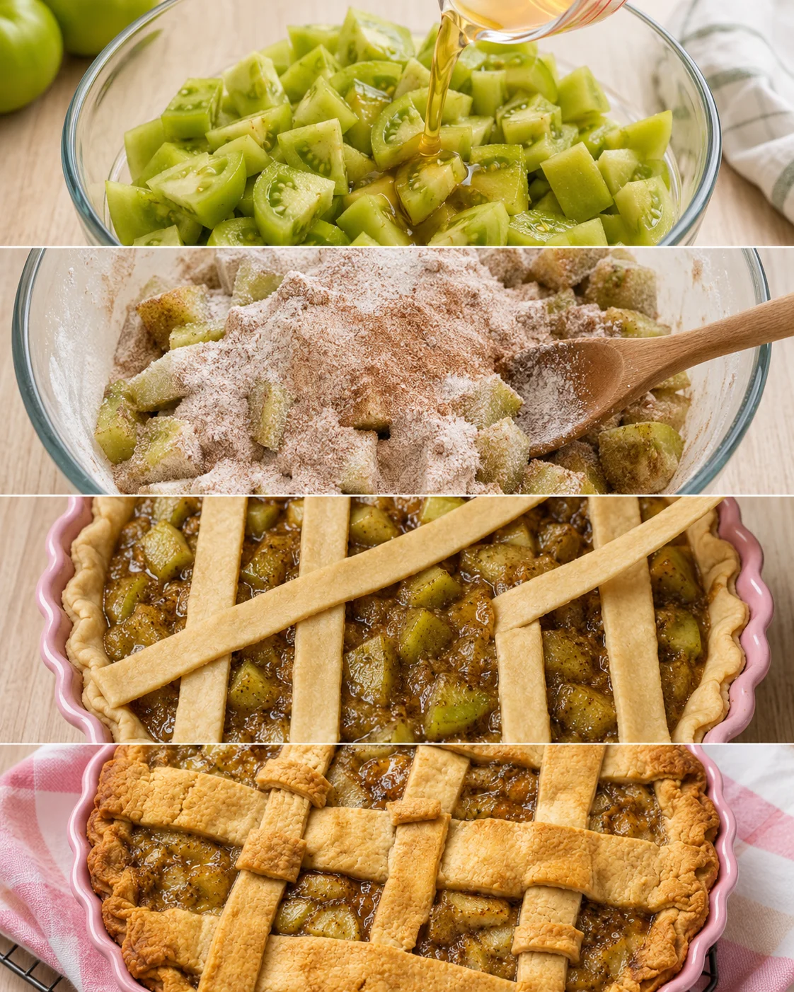 Green tomato pie being prepared with chopped tomatoes, sugar, and cinnamon for baking.