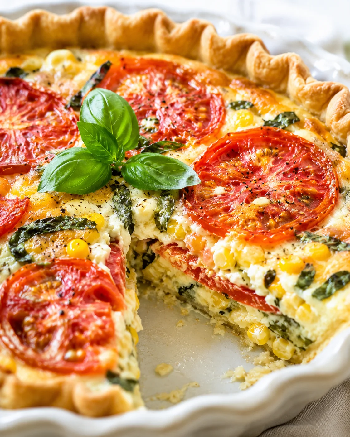 Tomato Pie with Corn and Basil Close-up of a freshly baked tomato pie topped with basil leaves and sliced tomatoes.