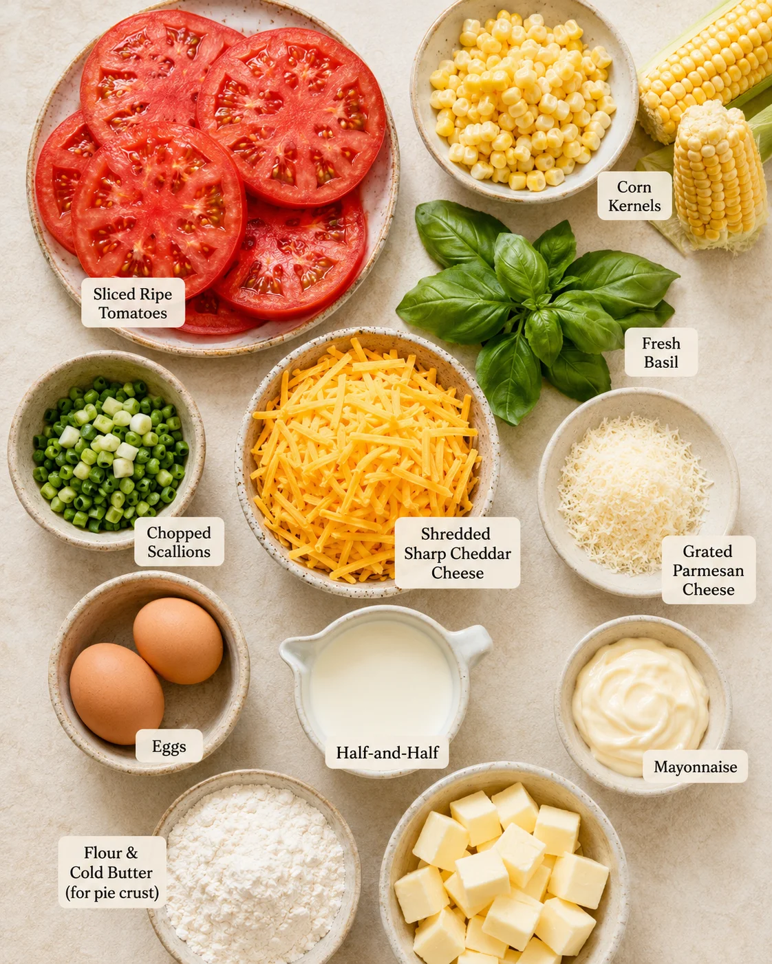 Tomato Pie with Corn and Basil Fresh ingredients for tomato pie including tomatoes, corn, basil, and cheese displayed on a table.