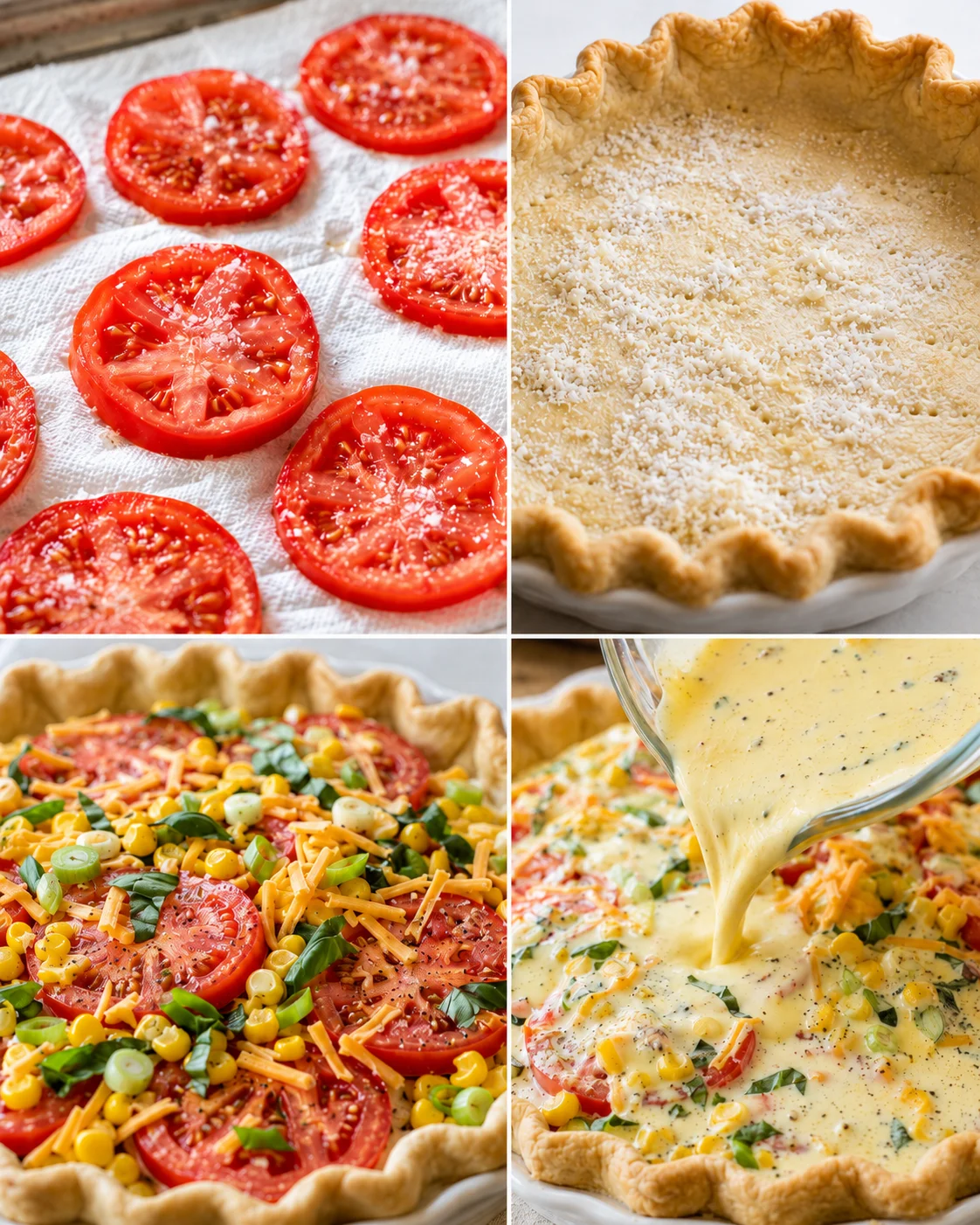 Fresh Tomato Pie with Corn and Basil Steps for making a delicious tomato pie with corn and basil, including sliced tomatoes and pie crust.