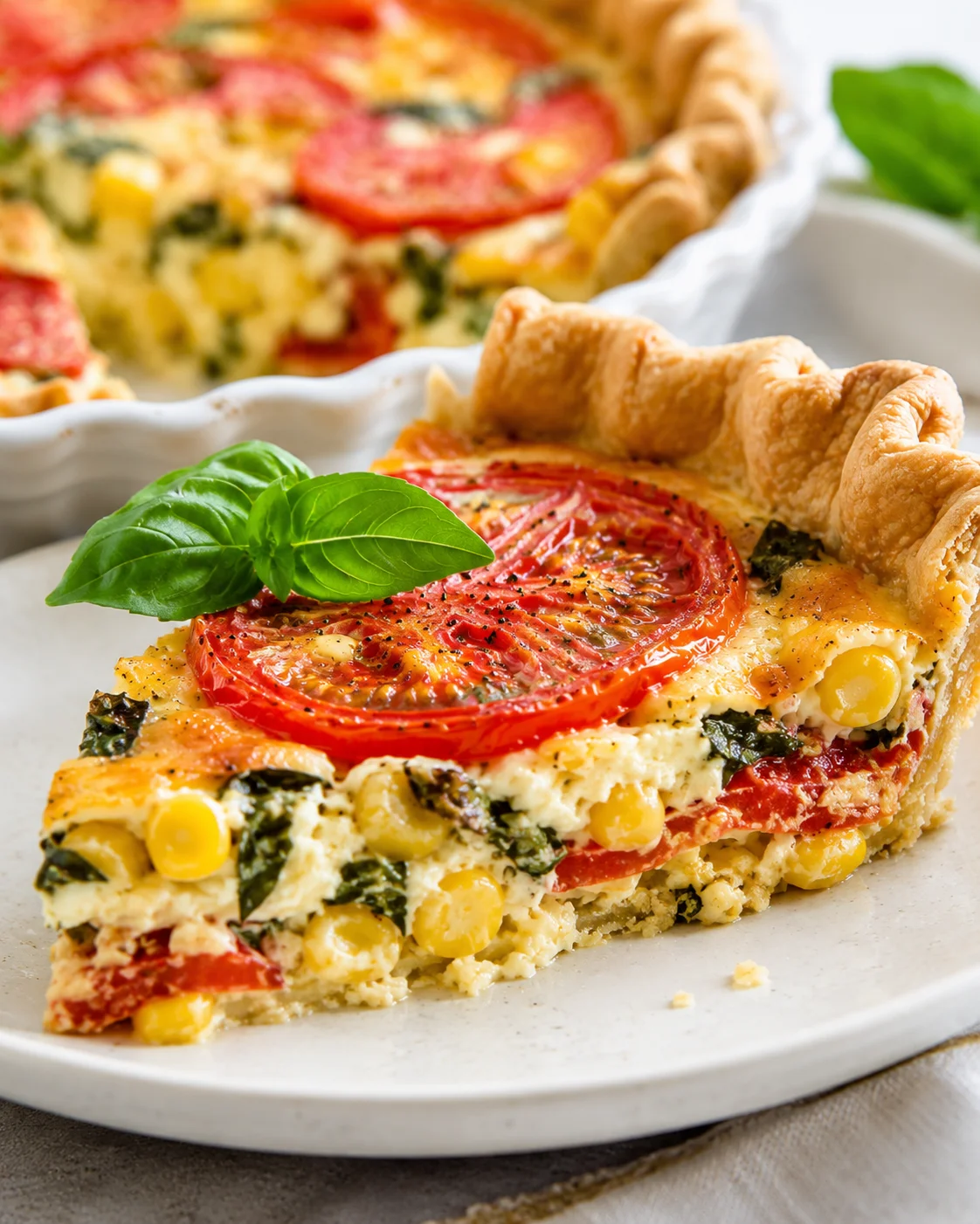 Tomato Pie with Corn and Basil Delicious tomato pie topped with ripe tomatoes, corn, and basil on a white plate.
