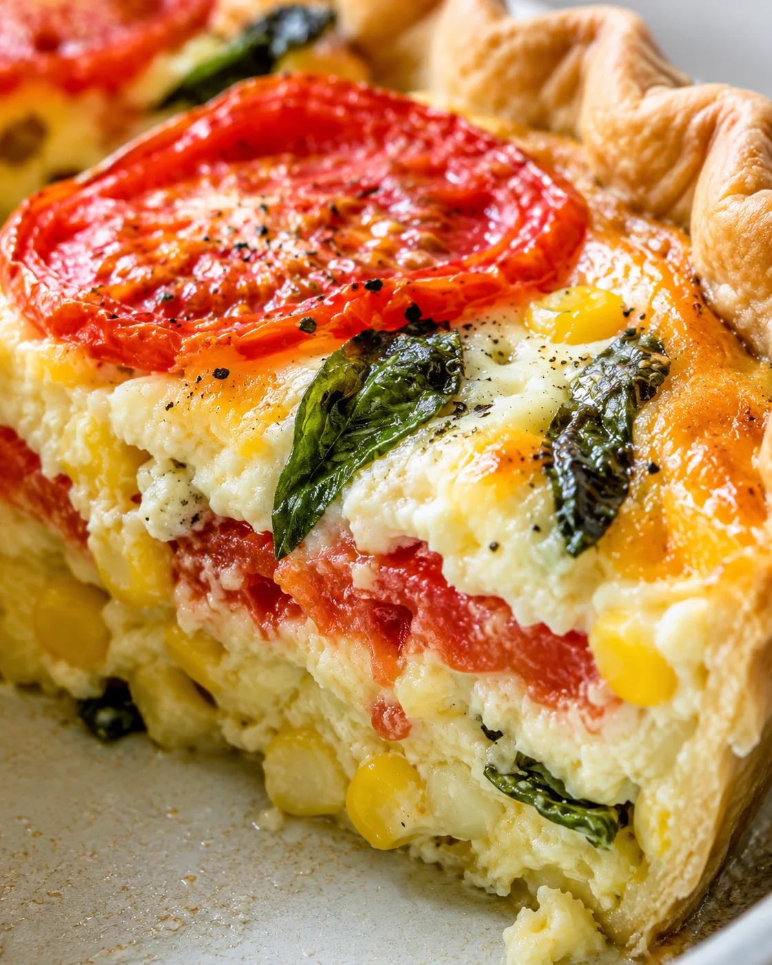 Tomato Pie with Corn and Basil Close-up of flavorful baked tomato pie topped with basil, corn, and cheese slices
