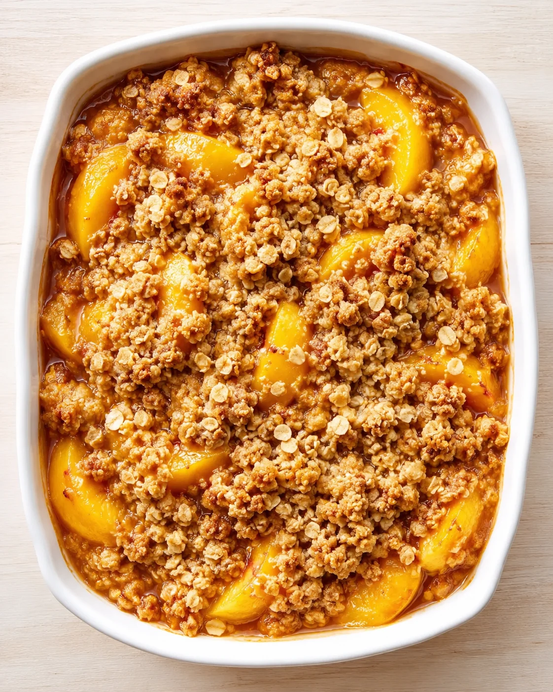 top-down view of a peach crumble dessert in a white baking dish, with golden crumb topping