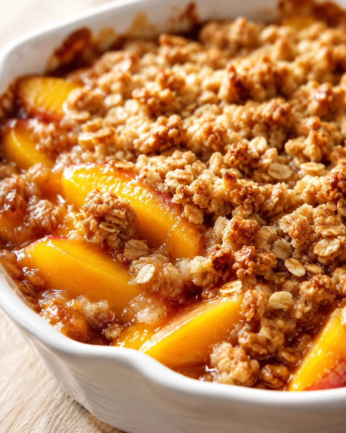 peach crumble in a white baking dish with golden oat topping and peach slices